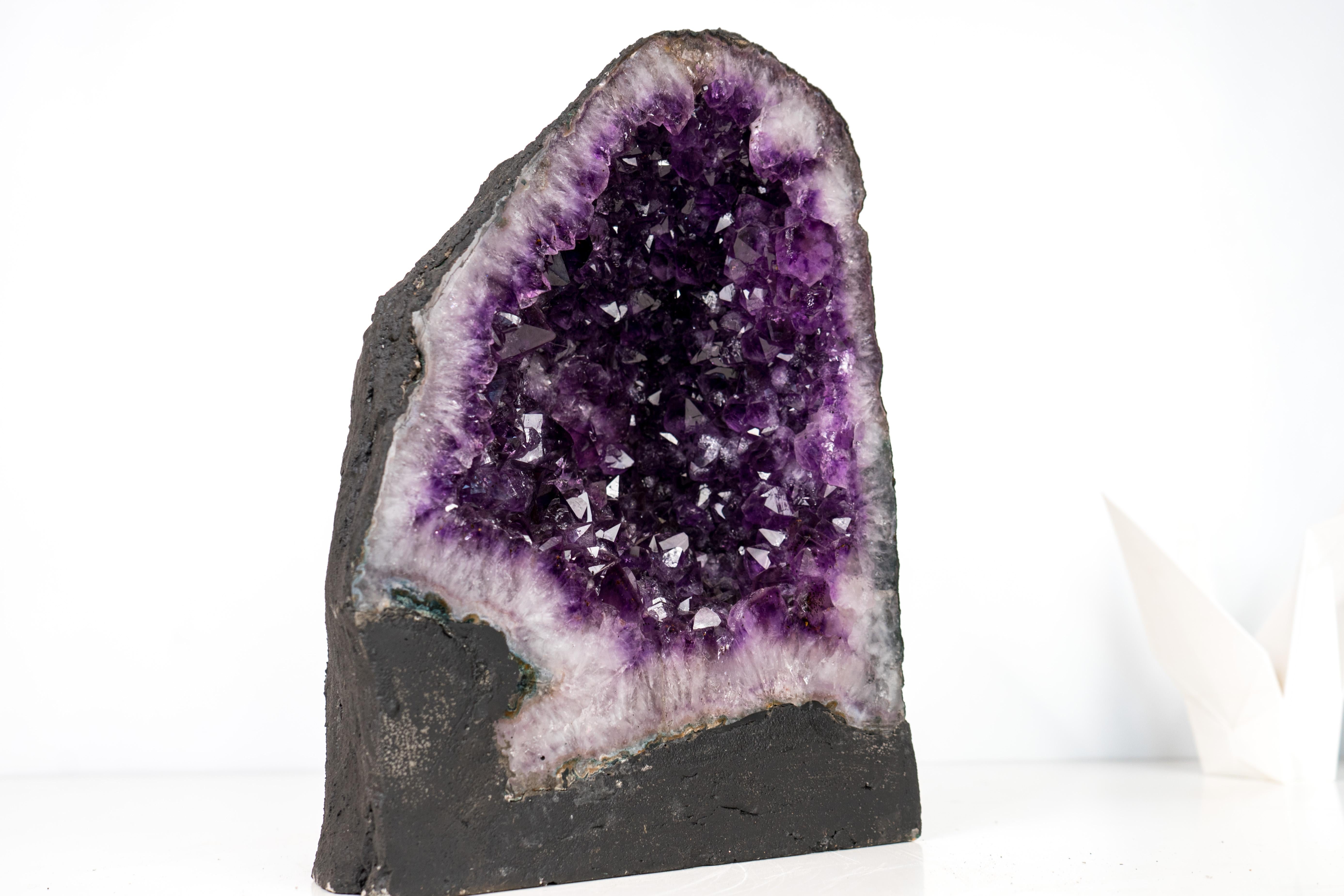 Uno splendido centrotavola di geodi con un colore ricco e una formazione cristallina impeccabile.

▫️ Descrizione

Splendidamente formato con grandi e succose punte di colore viola intenso, questo geode di ametista possiede tutte le qualità di