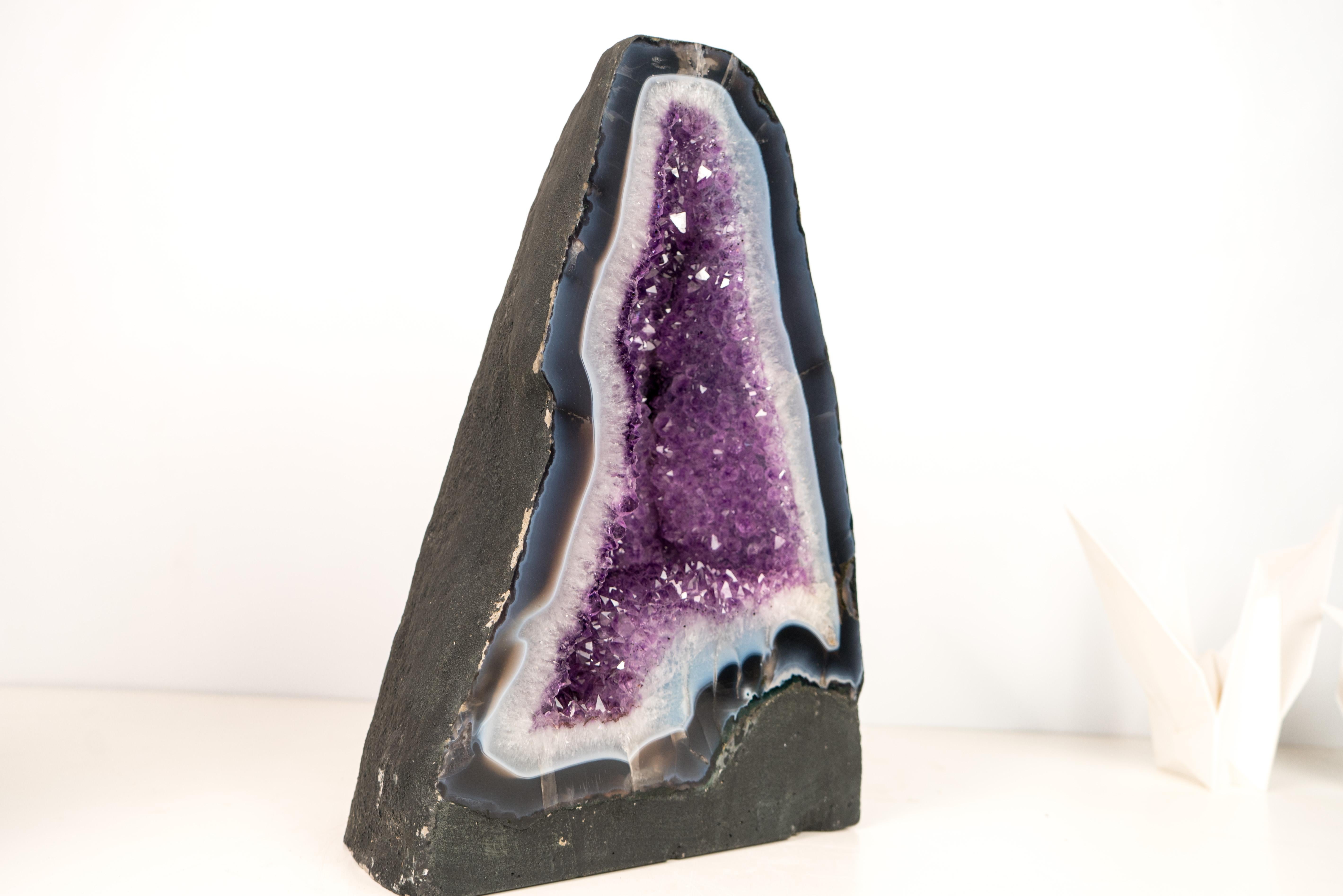 Brazilian Rare Blue & White Lace Agate Geode with Sparkling Violet Amethyst Druzy For Sale