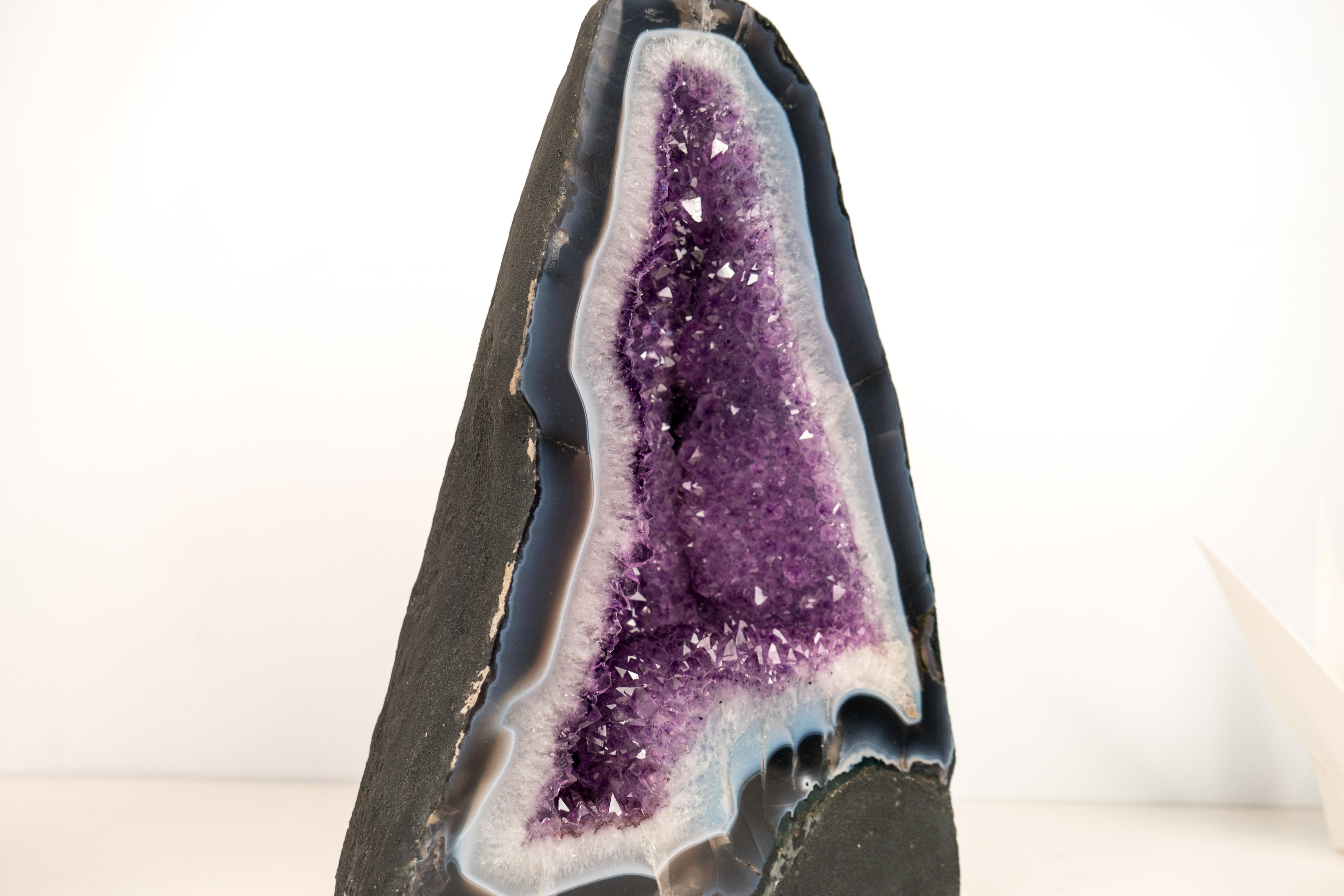 One of the Rarest forms of Geodes: White and Blue Lace Agate Geode with Purple Violet Amethyst

▫️ Description

All-natural, this is a rarely seen form of Blue and White Agate geode, where the laces create a beautiful frame for the sparkling
