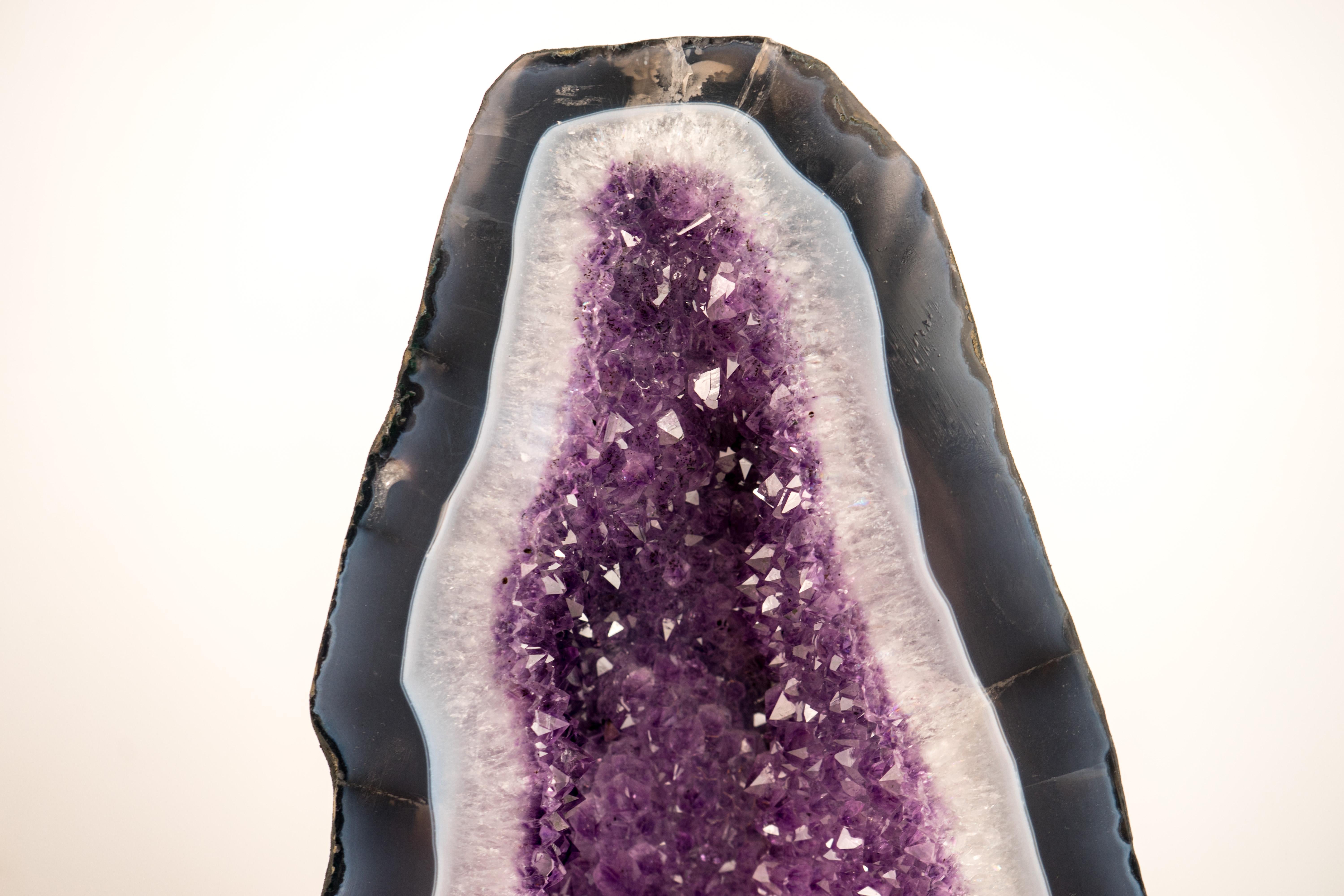 Crystal Rare Blue & White Lace Agate Geode with Sparkling Violet Amethyst Druzy For Sale