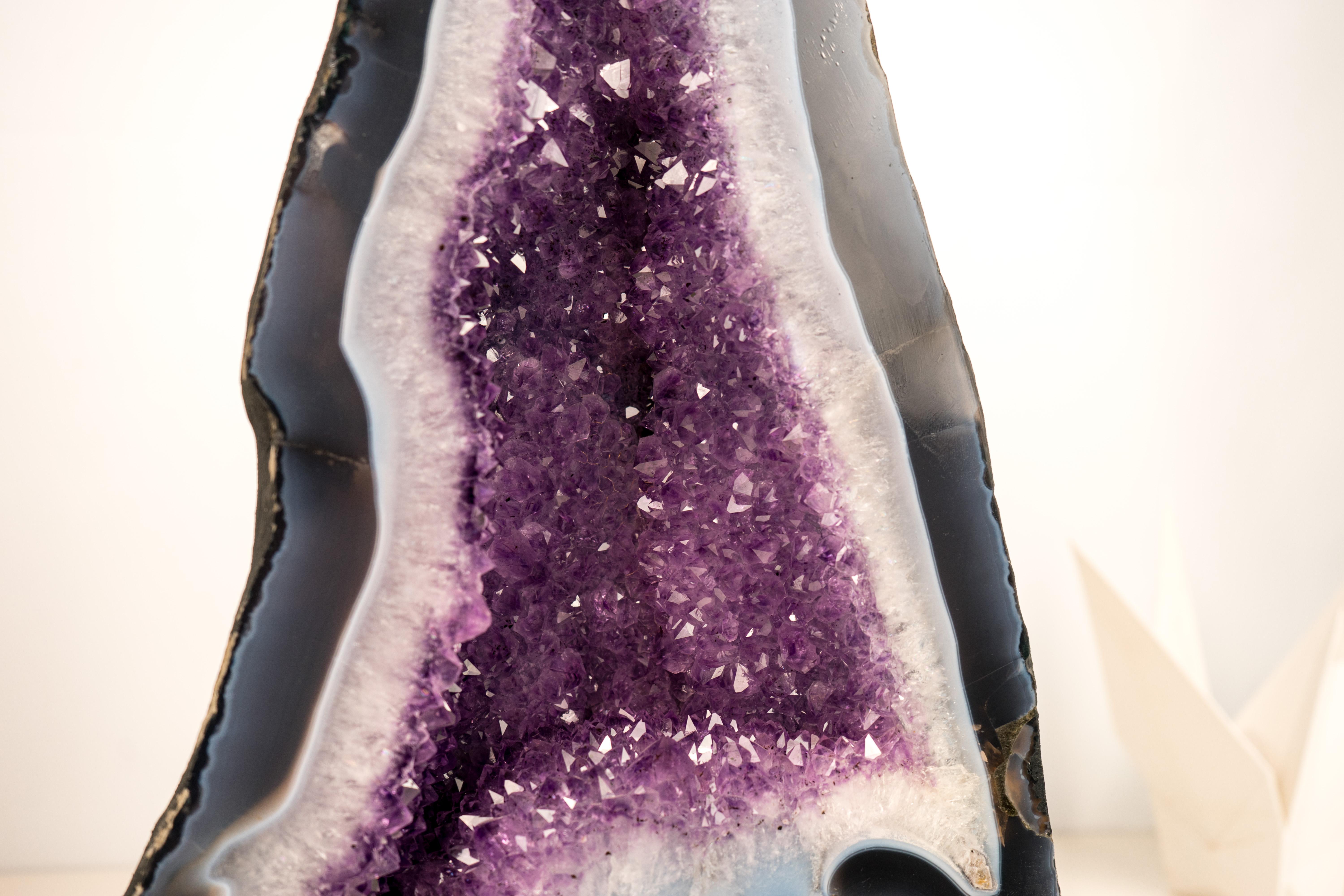 Rare Blue & White Lace Agate Geode with Sparkling Violet Amethyst Druzy For Sale 1