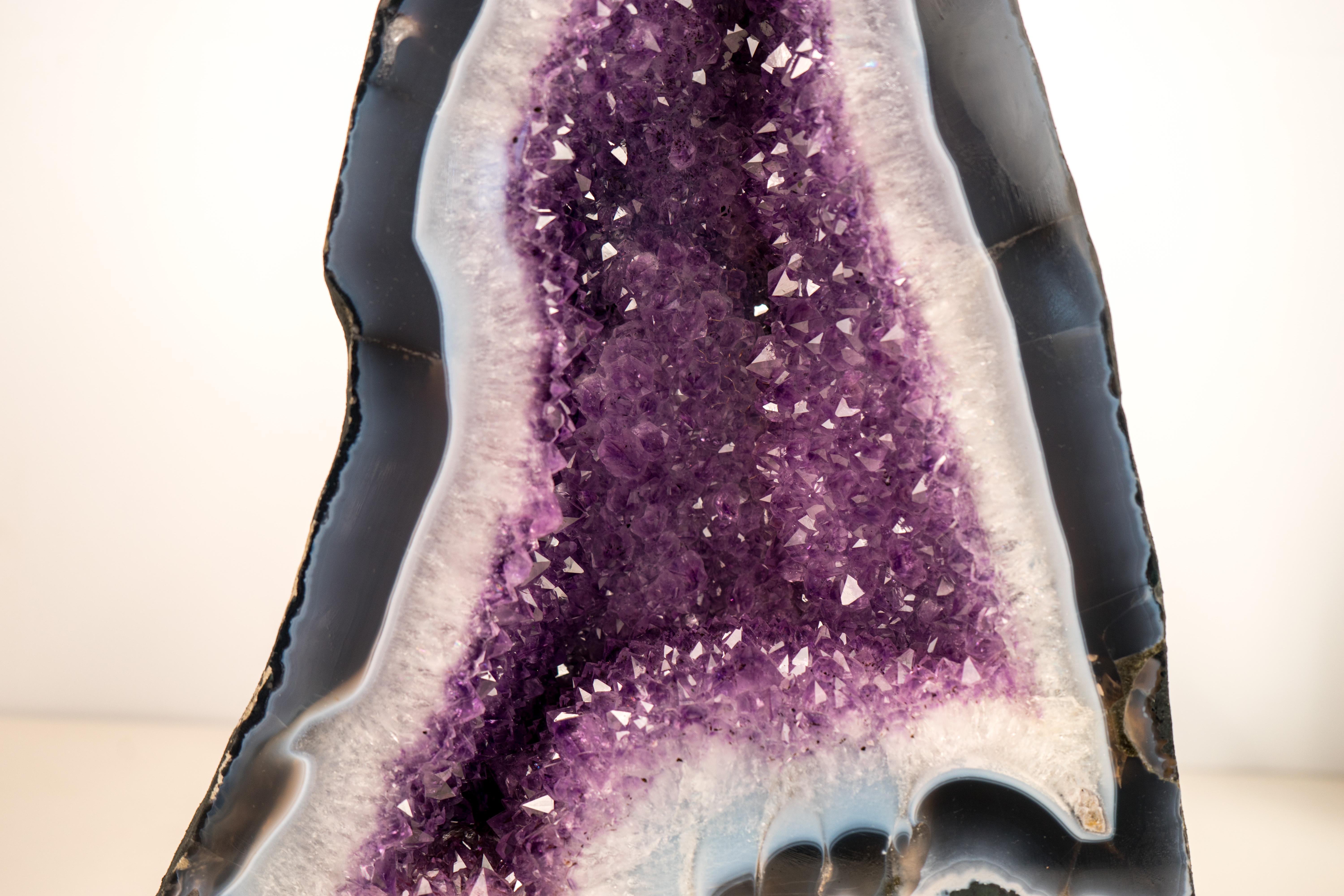 Contemporary Rare Blue & White Lace Agate Geode with Sparkling Violet Amethyst Druzy For Sale
