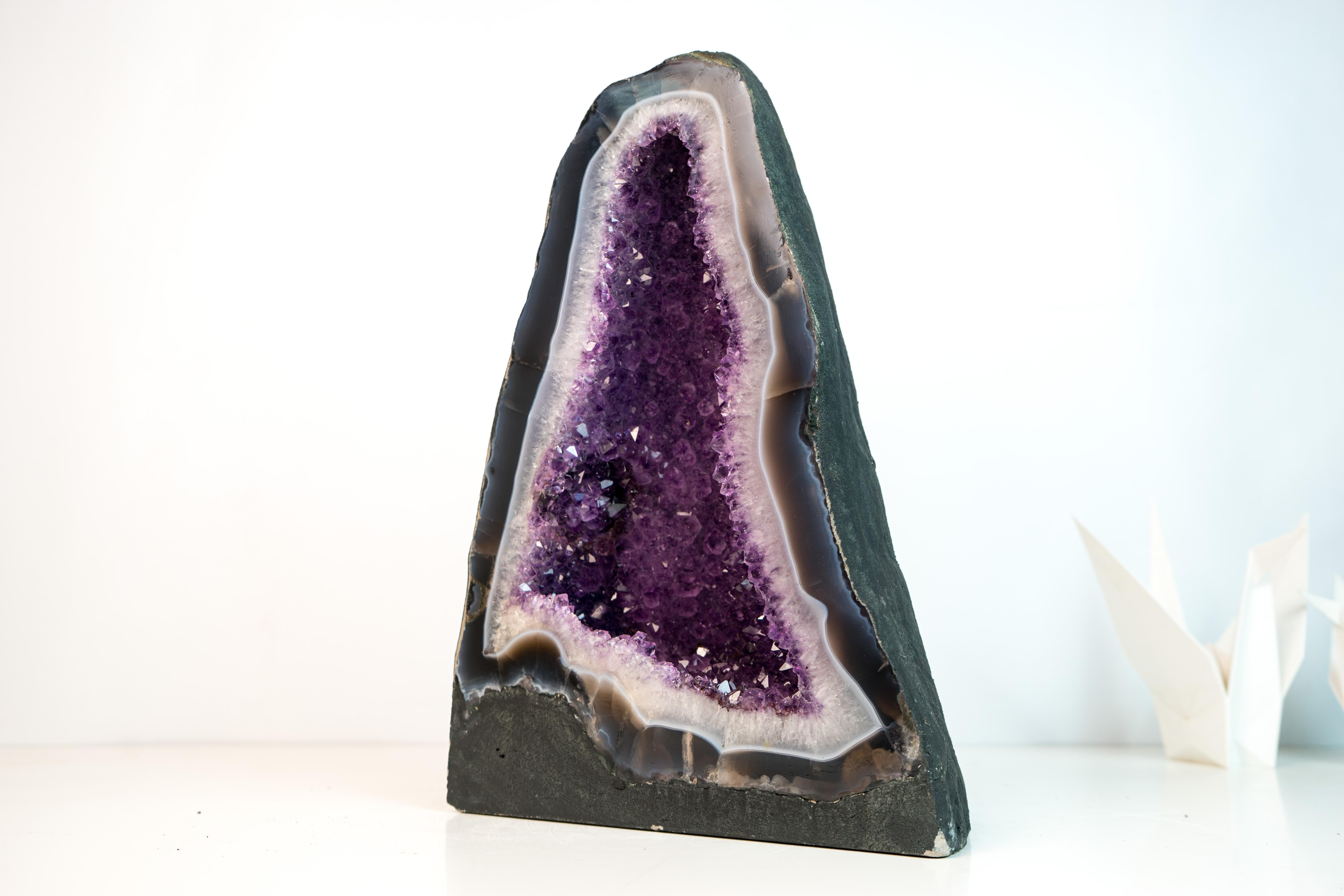 Brazilian Exceptional Blue & White Lace Agate Geode with Sparkling Violet Amethyst Druzy For Sale