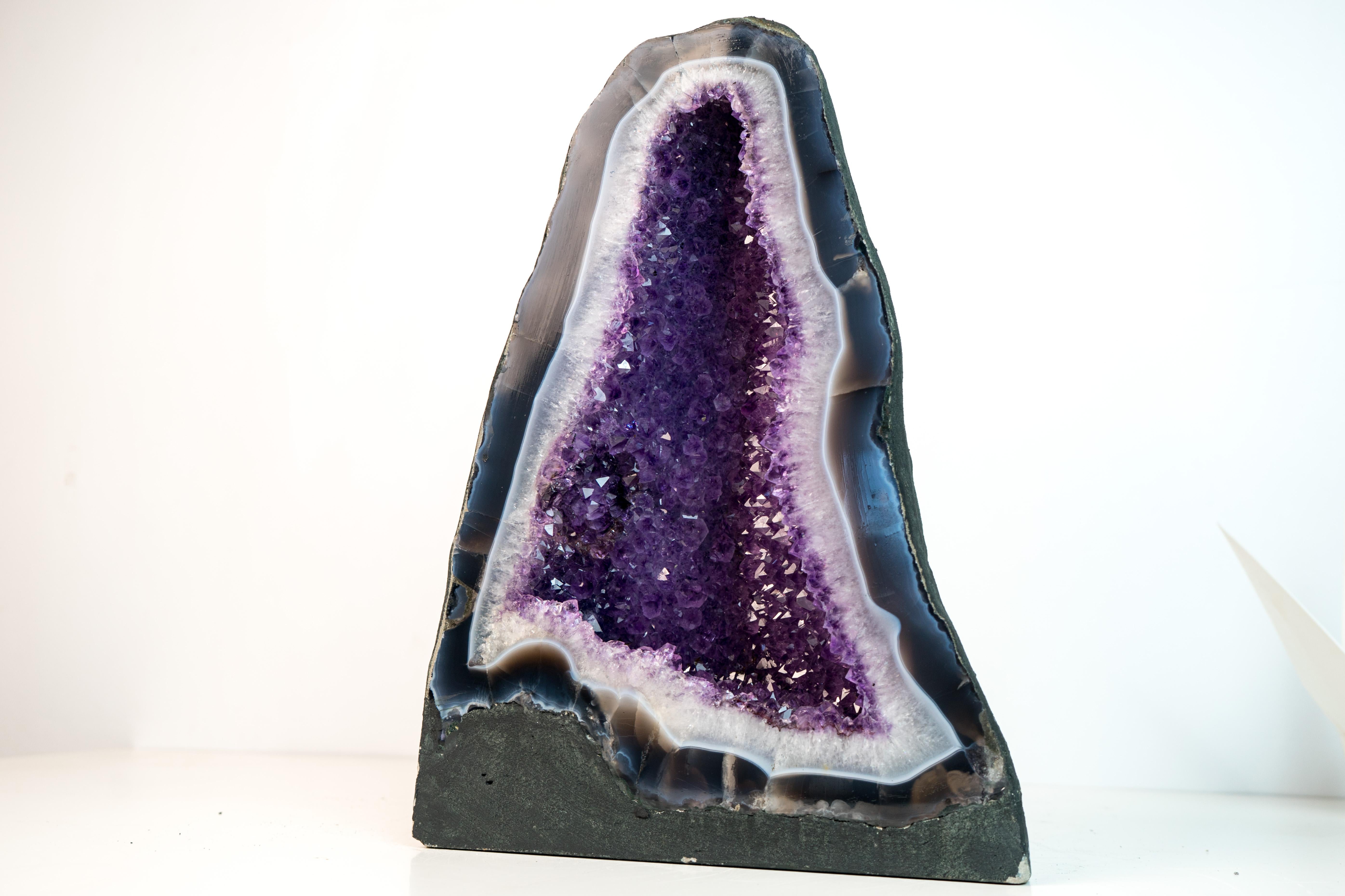 Exceptional Blue & White Lace Agate Geode with Sparkling Violet Amethyst Druzy For Sale 1