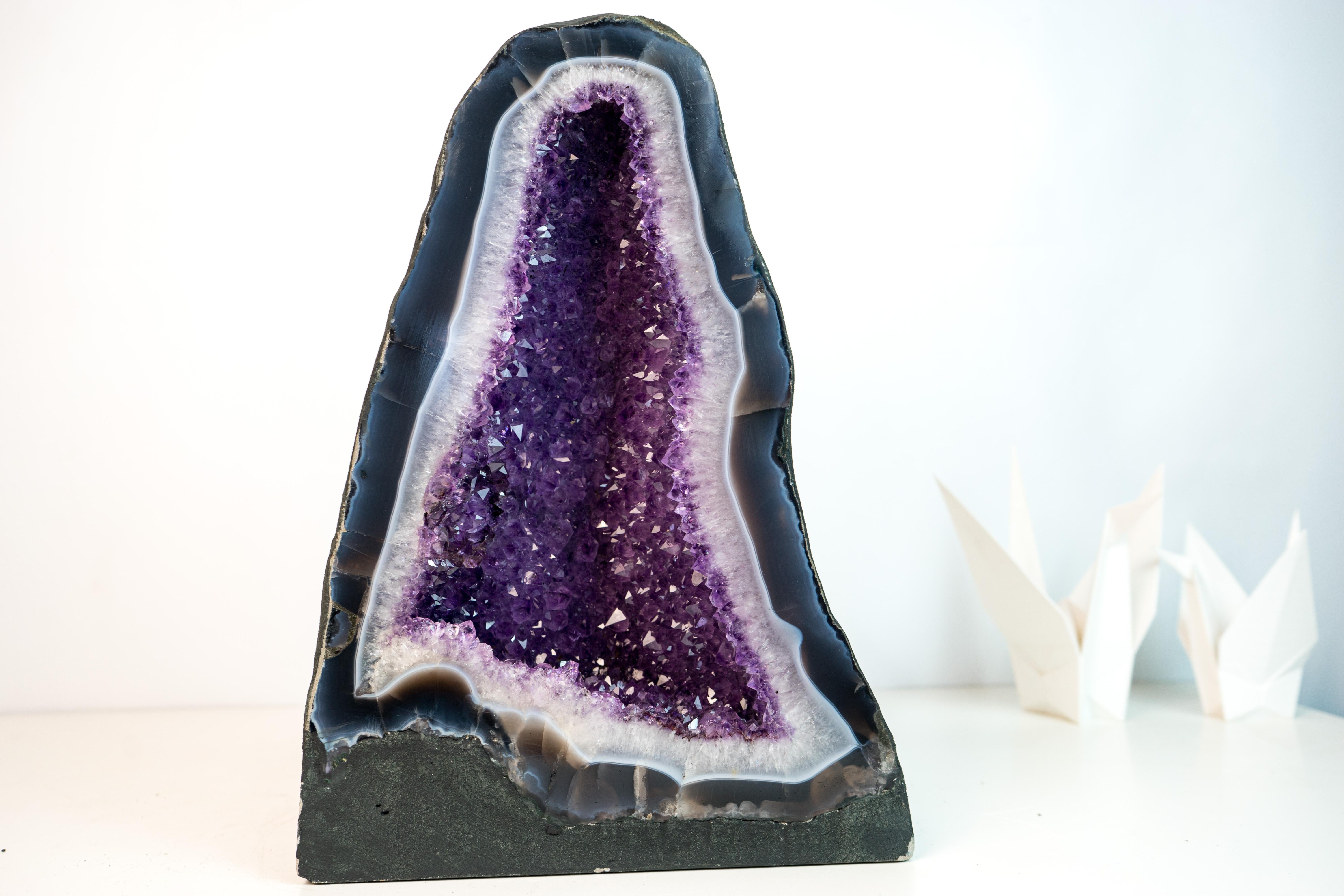 Crystal Exceptional Blue & White Lace Agate Geode with Sparkling Violet Amethyst Druzy For Sale