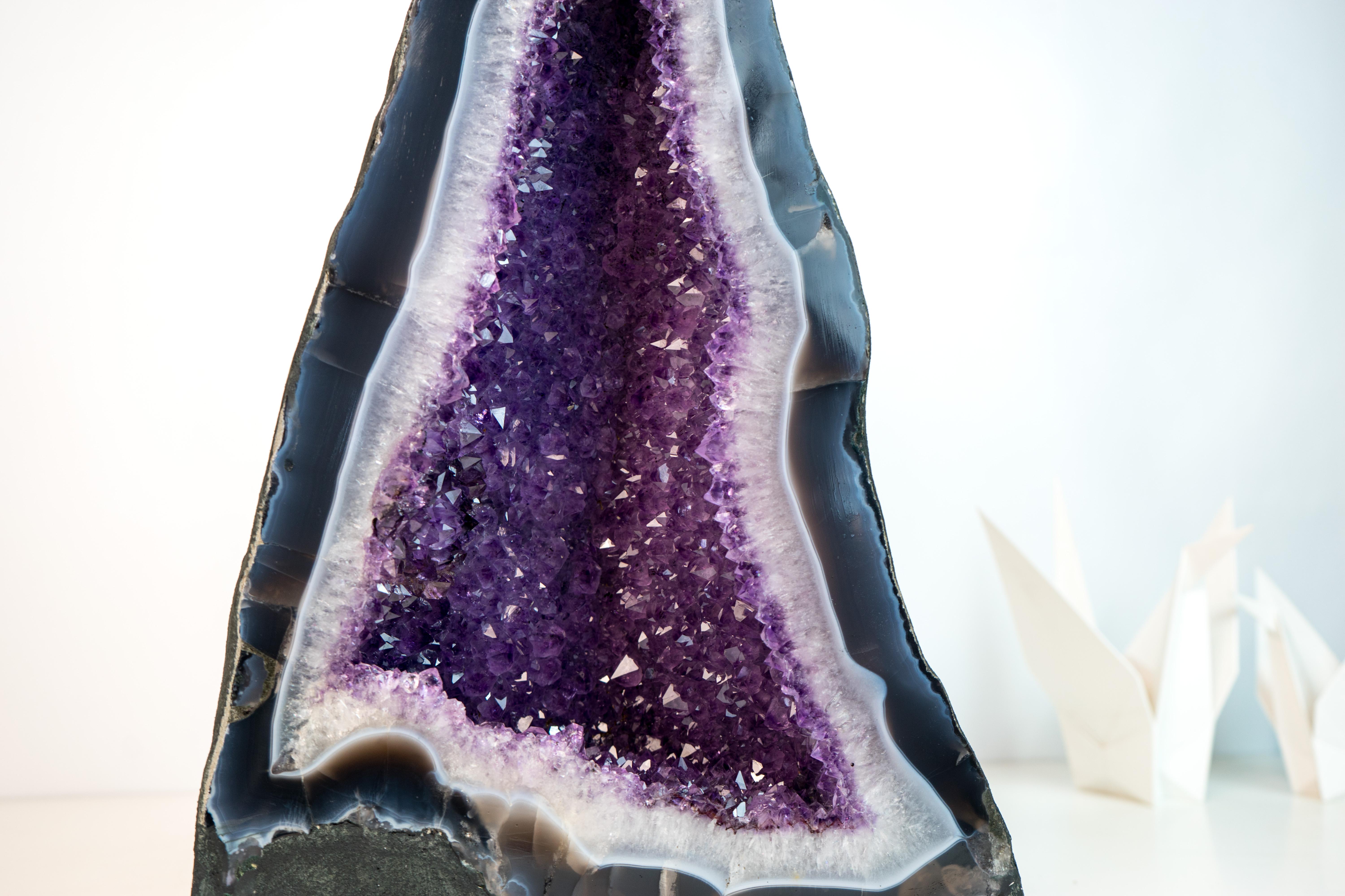 Contemporary Exceptional Blue & White Lace Agate Geode with Sparkling Violet Amethyst Druzy For Sale