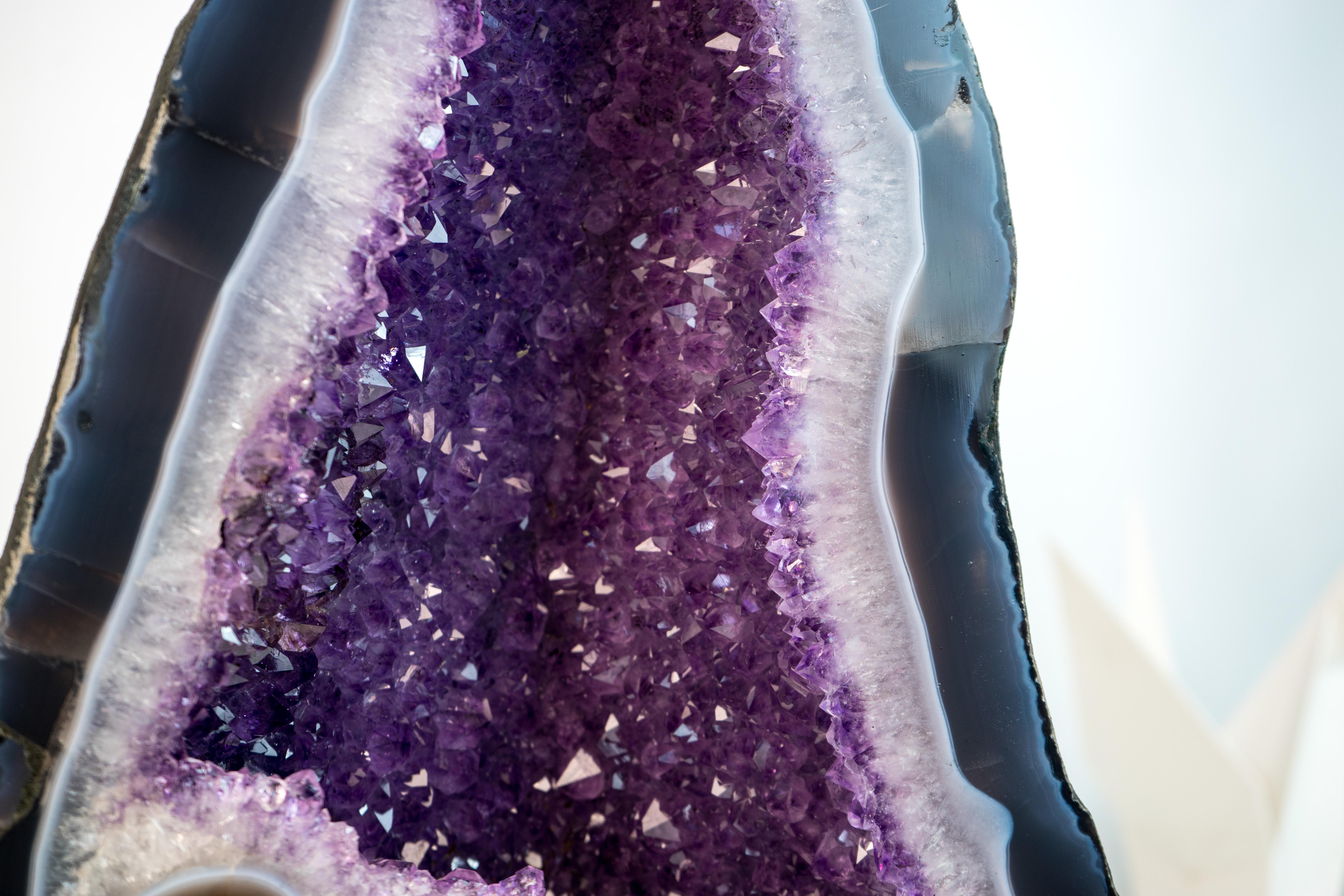 Exceptional Blue & White Lace Agate Geode with Sparkling Violet Amethyst Druzy For Sale 4