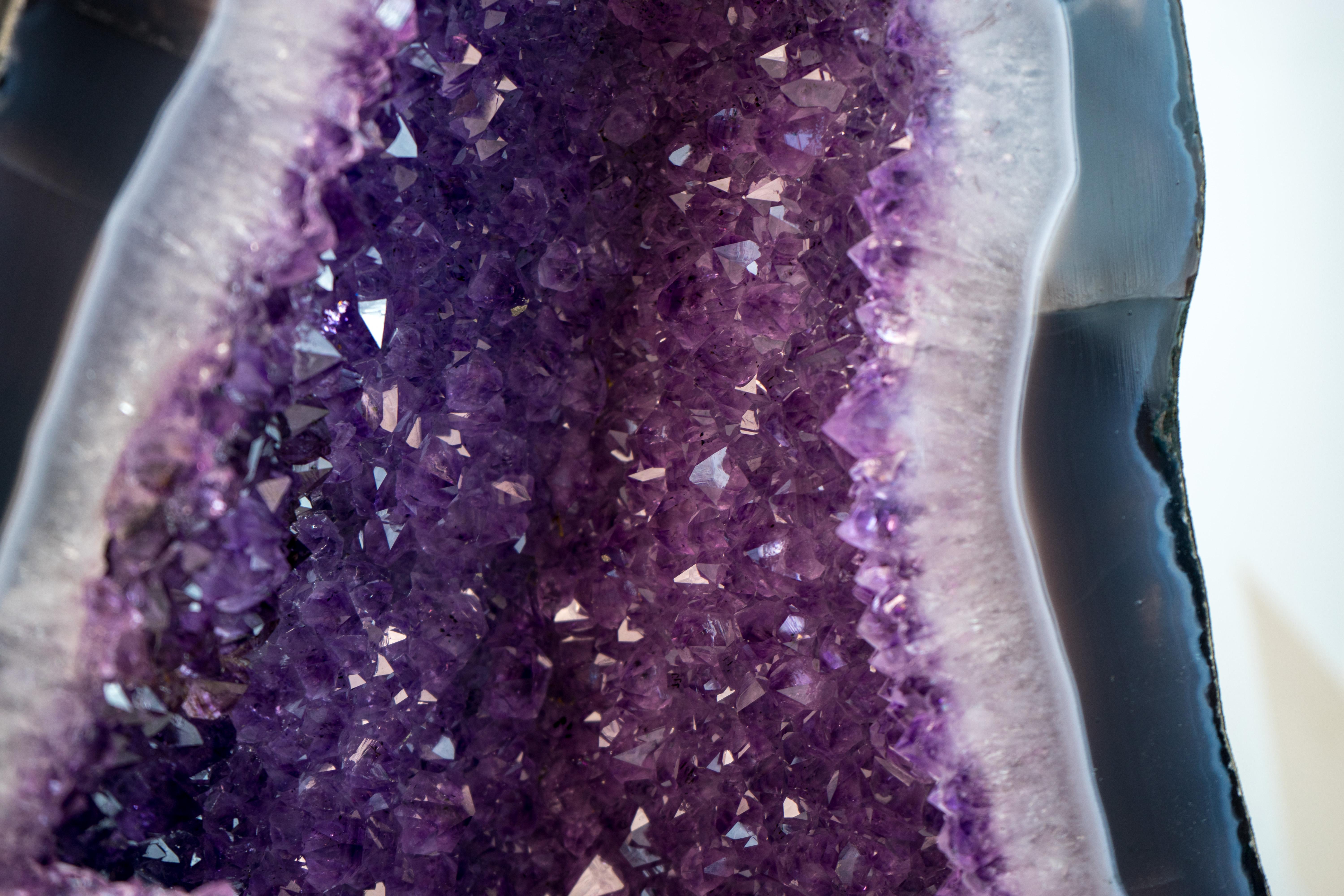 Exceptional Blue & White Lace Agate Geode with Sparkling Violet Amethyst Druzy For Sale 3