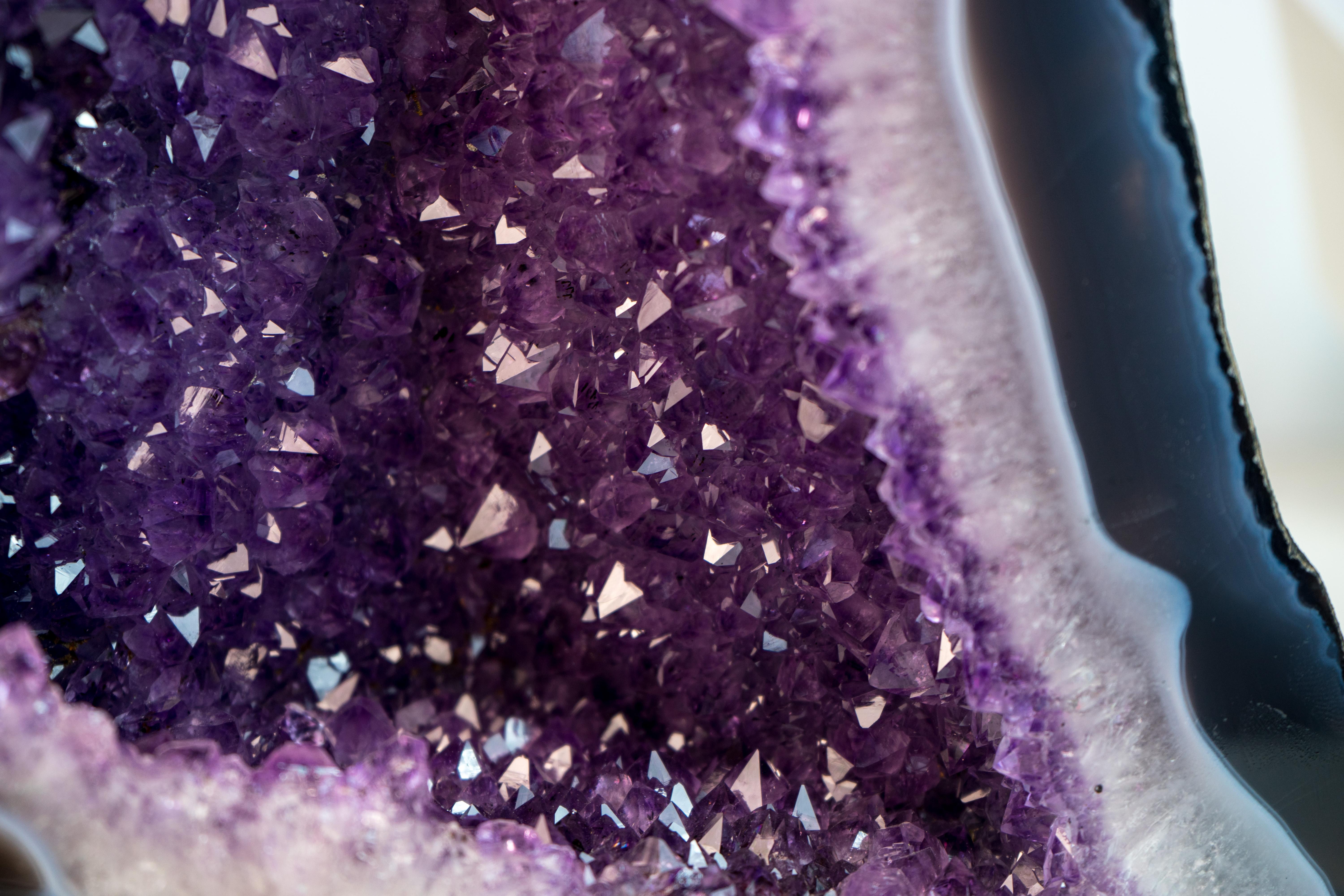 Exceptional Blue & White Lace Agate Geode with Sparkling Violet Amethyst Druzy For Sale 2