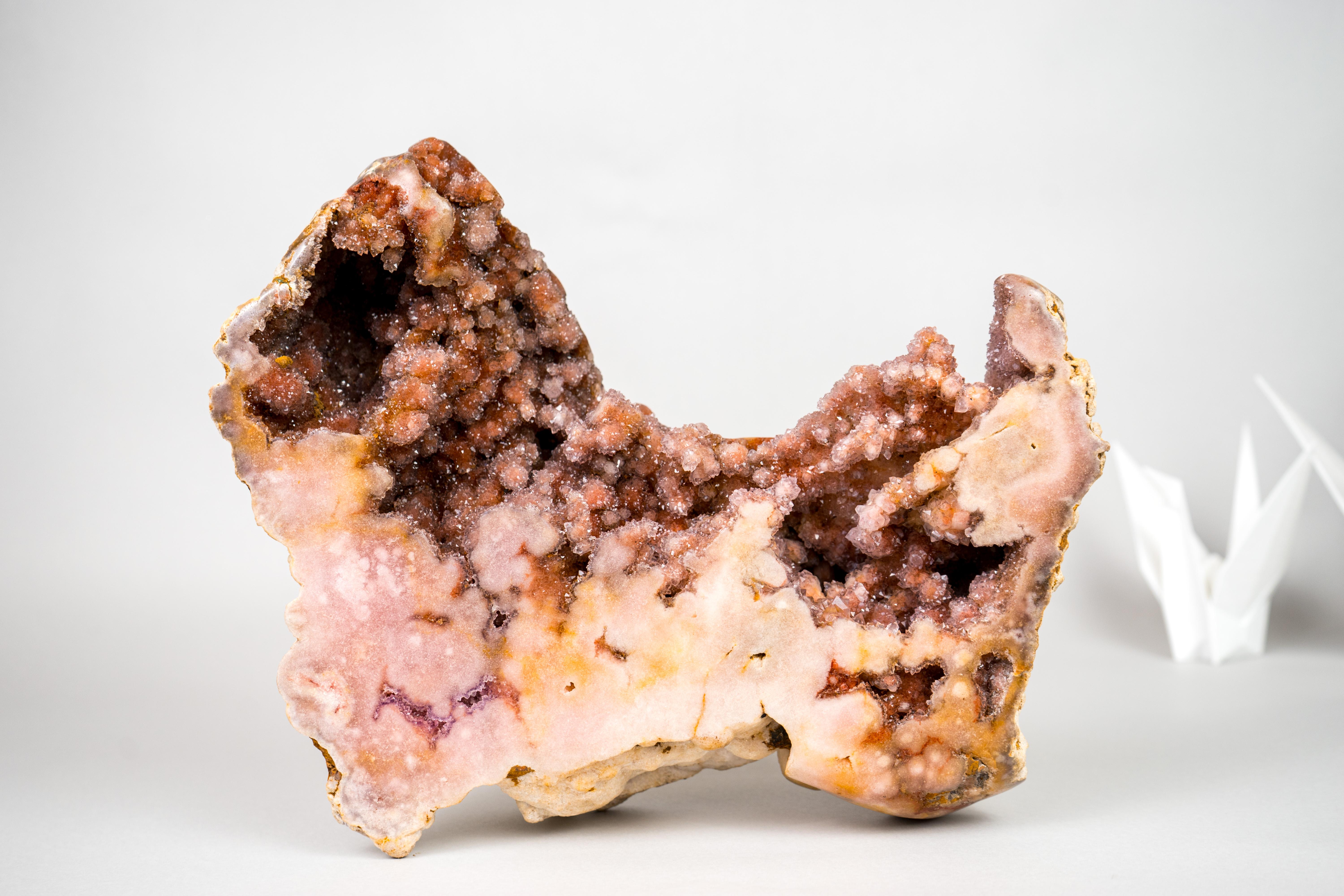 Contemporary Sculptural Pink Amethyst Geode Specimen with Red Galaxy Druzy For Sale
