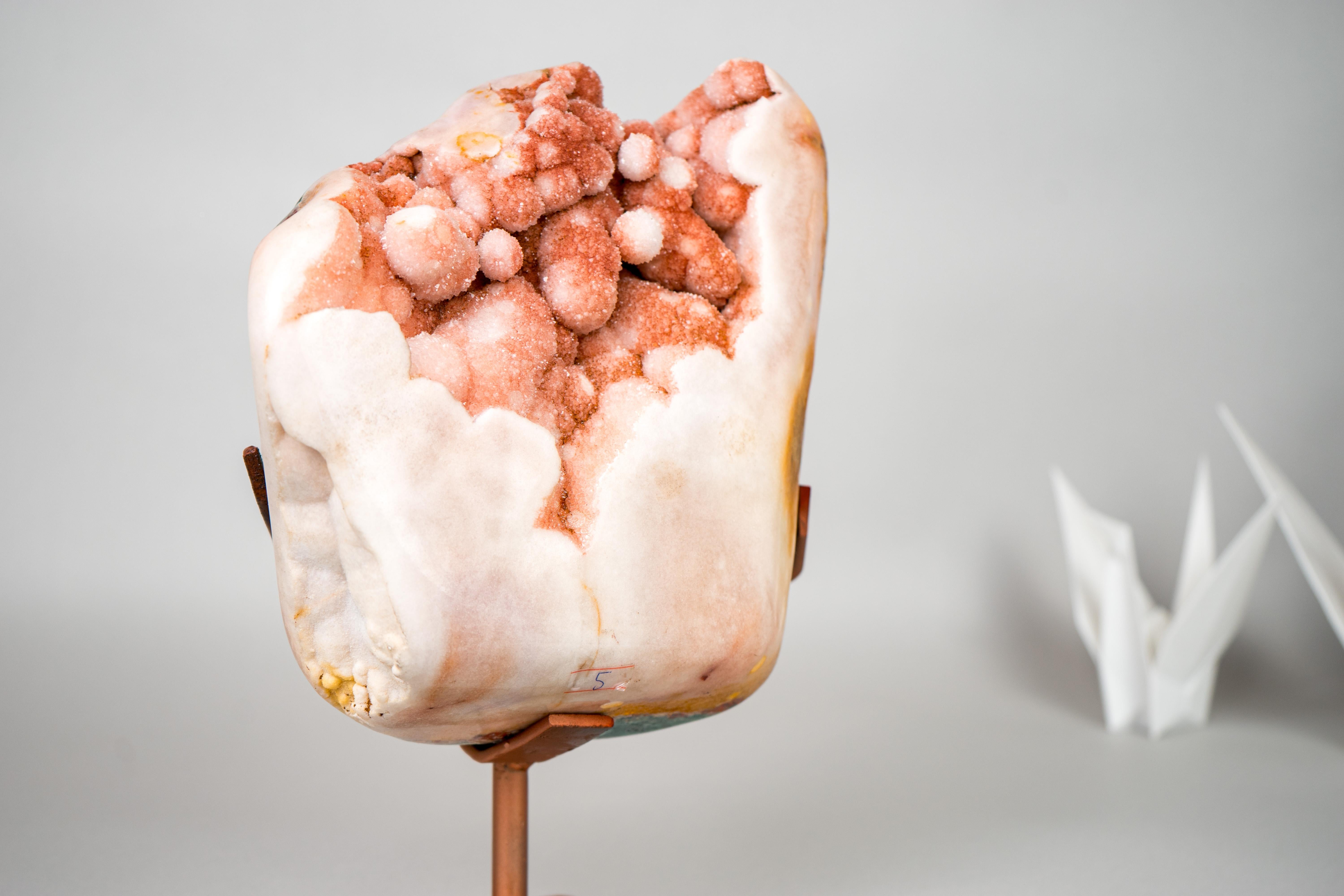 Contemporary Rare Sculptural Pink Amethyst Geode with Red Druzy and Red Jasper For Sale