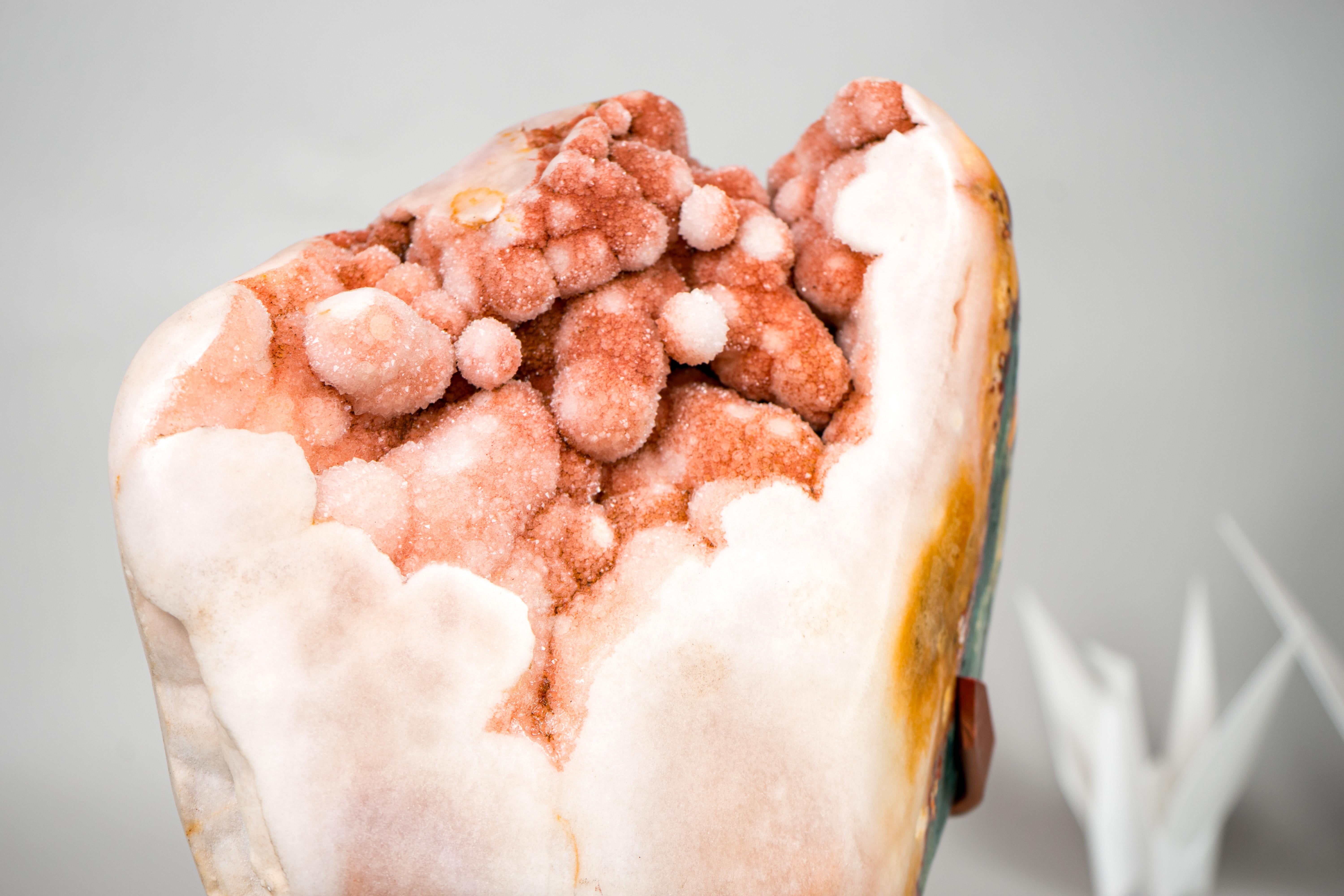 Crystal Rare Sculptural Pink Amethyst Geode with Red Druzy and Red Jasper For Sale