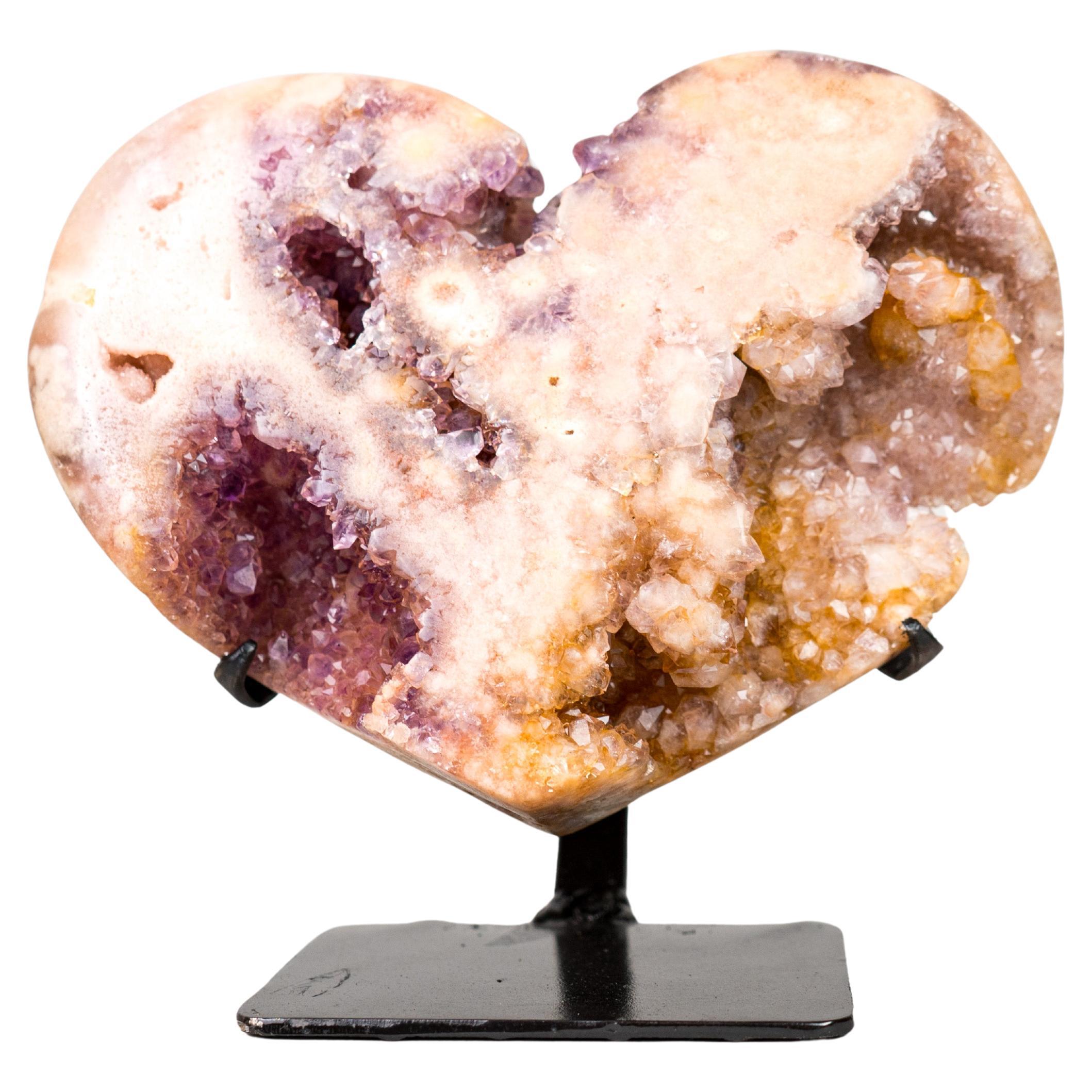 Seltenes rosa Amethystherz mit Rose und gelbem Druzy