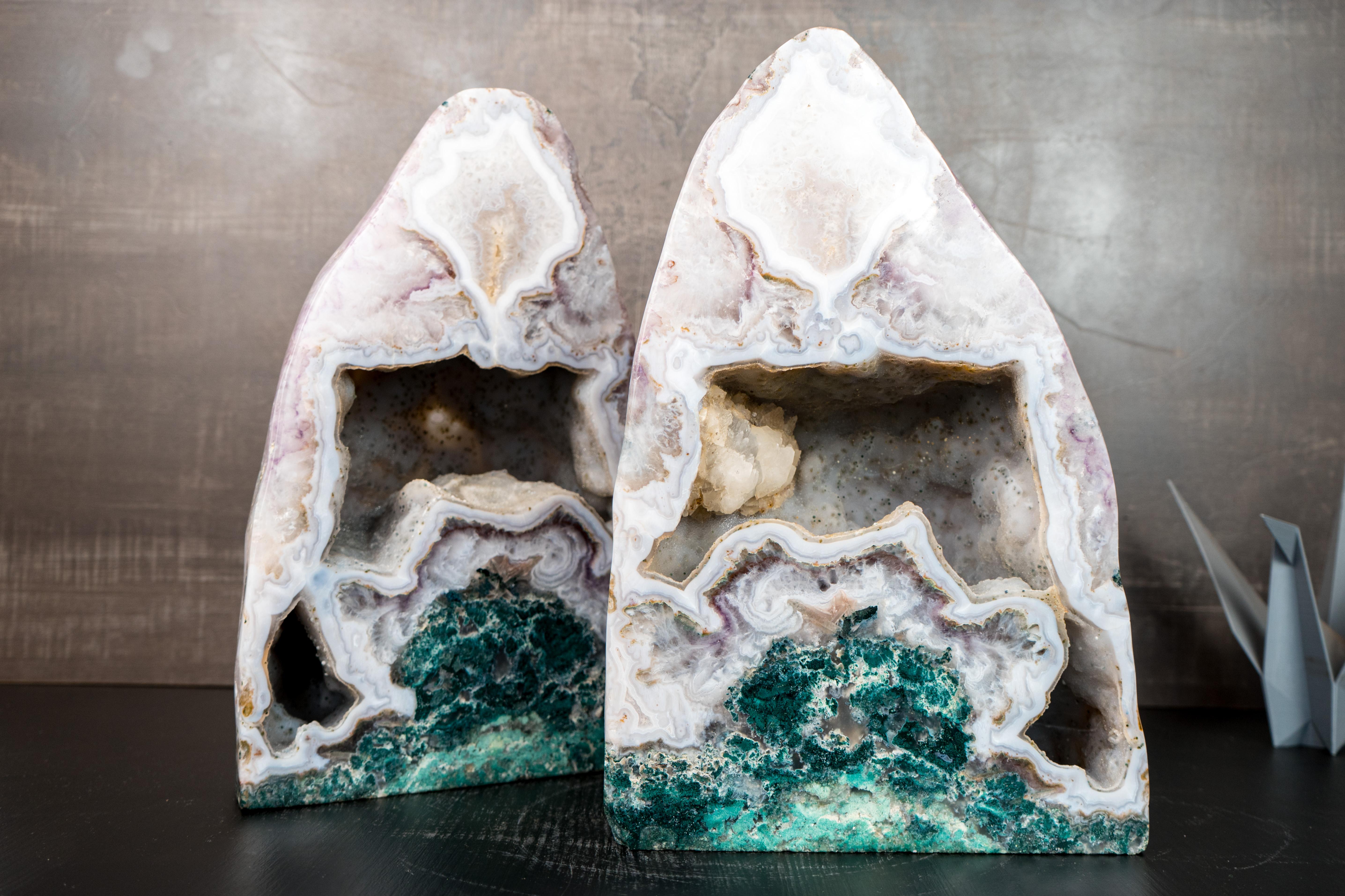 Contemporary Pair of Rare White Agate Geodes with Crystal and Green Jasper For Sale