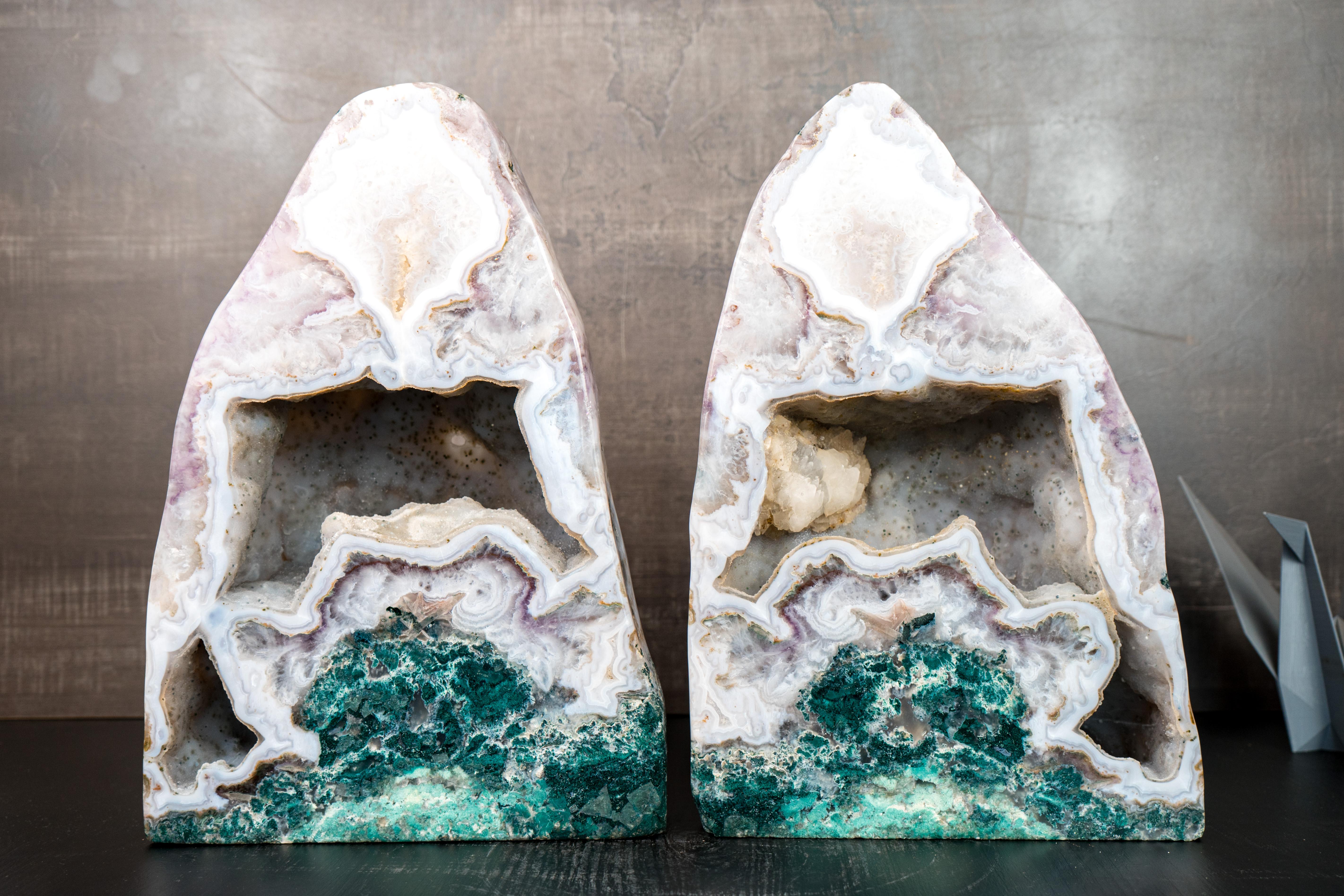 Brazilian Pair of Rare White Agate Geodes with Crystal and Green Jasper For Sale