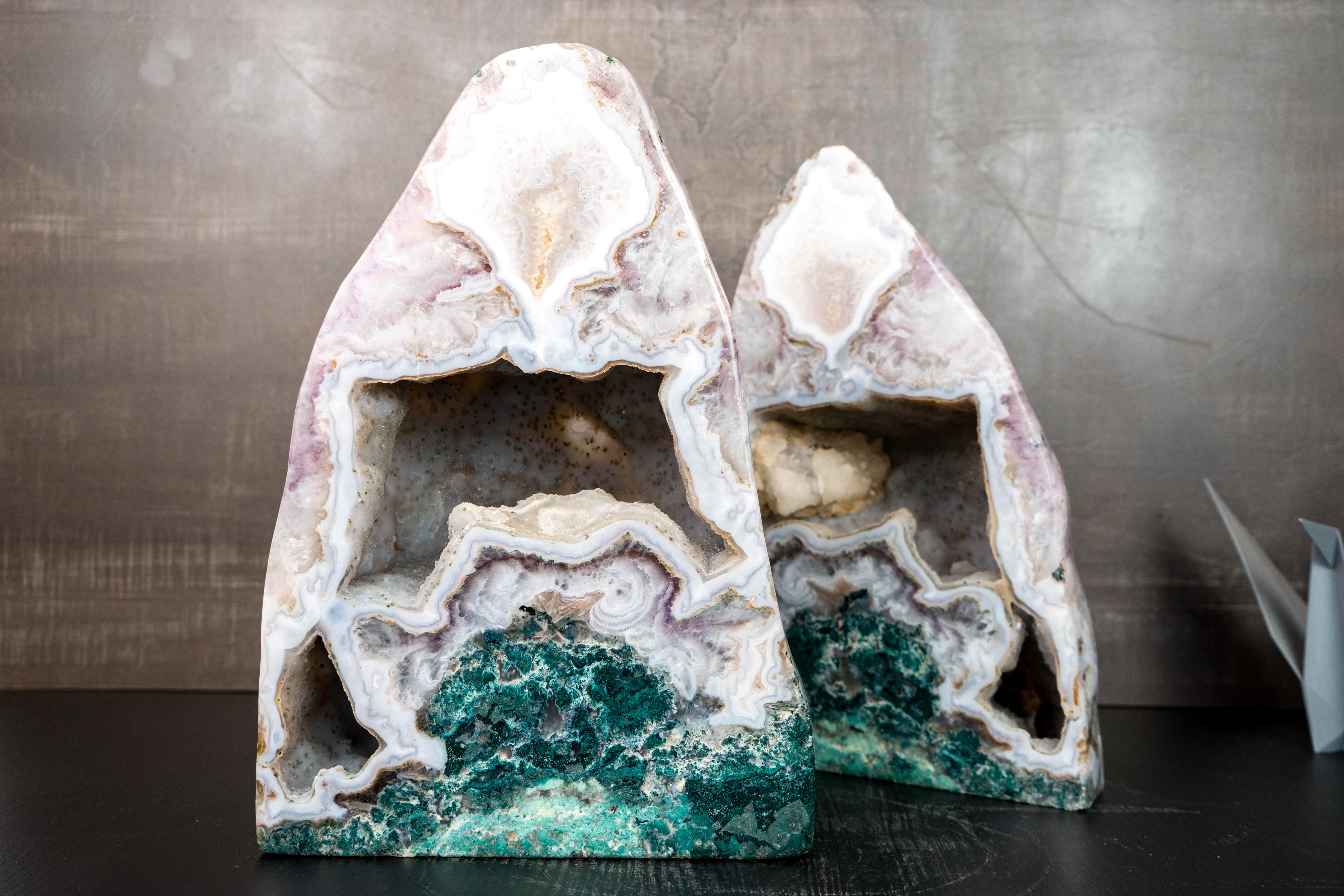 Pair of Rare White Agate Geodes with Crystal and Green Jasper For Sale 2