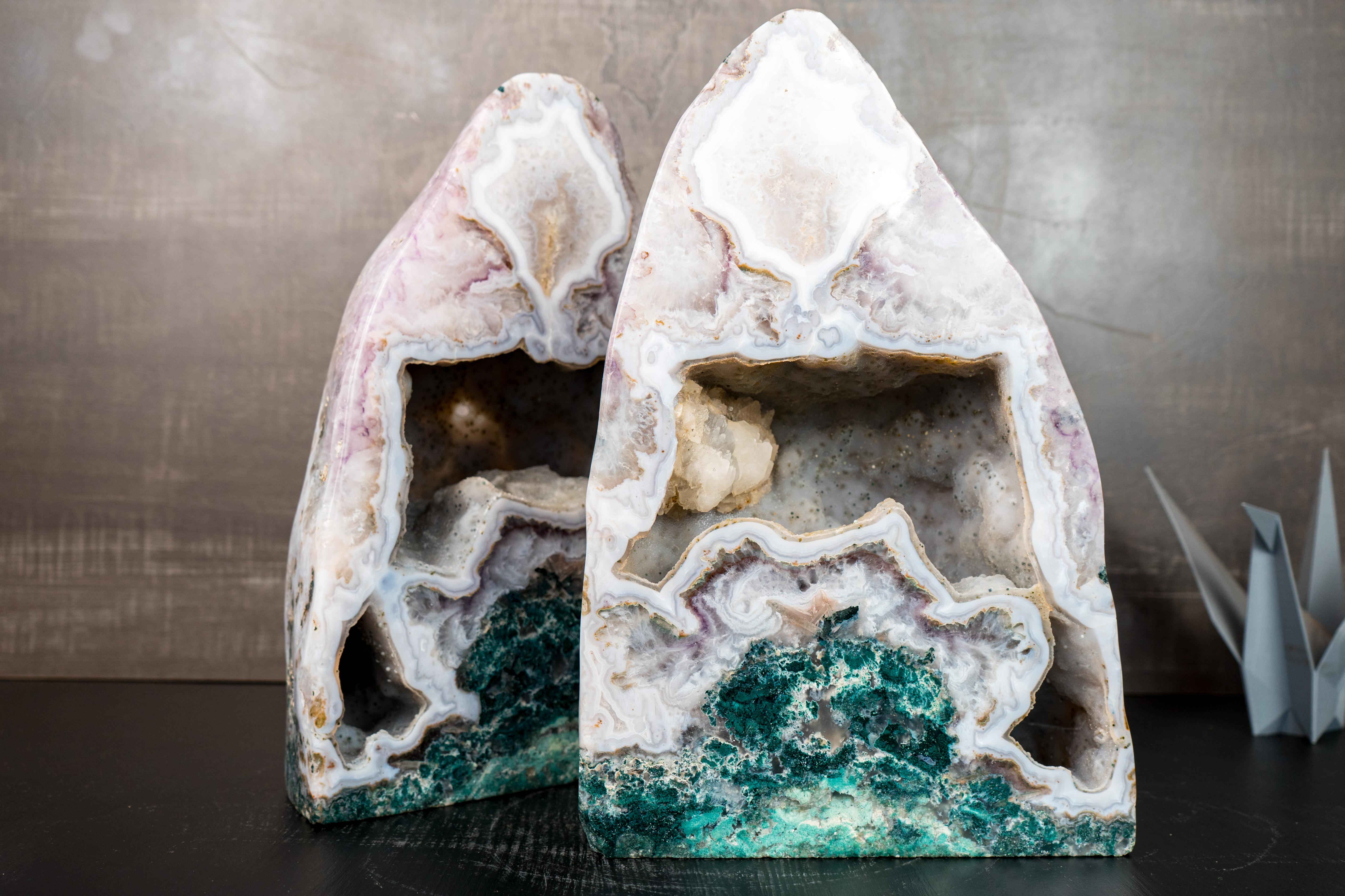 Pair of Rare White Agate Geodes with Crystal and Green Jasper For Sale 1