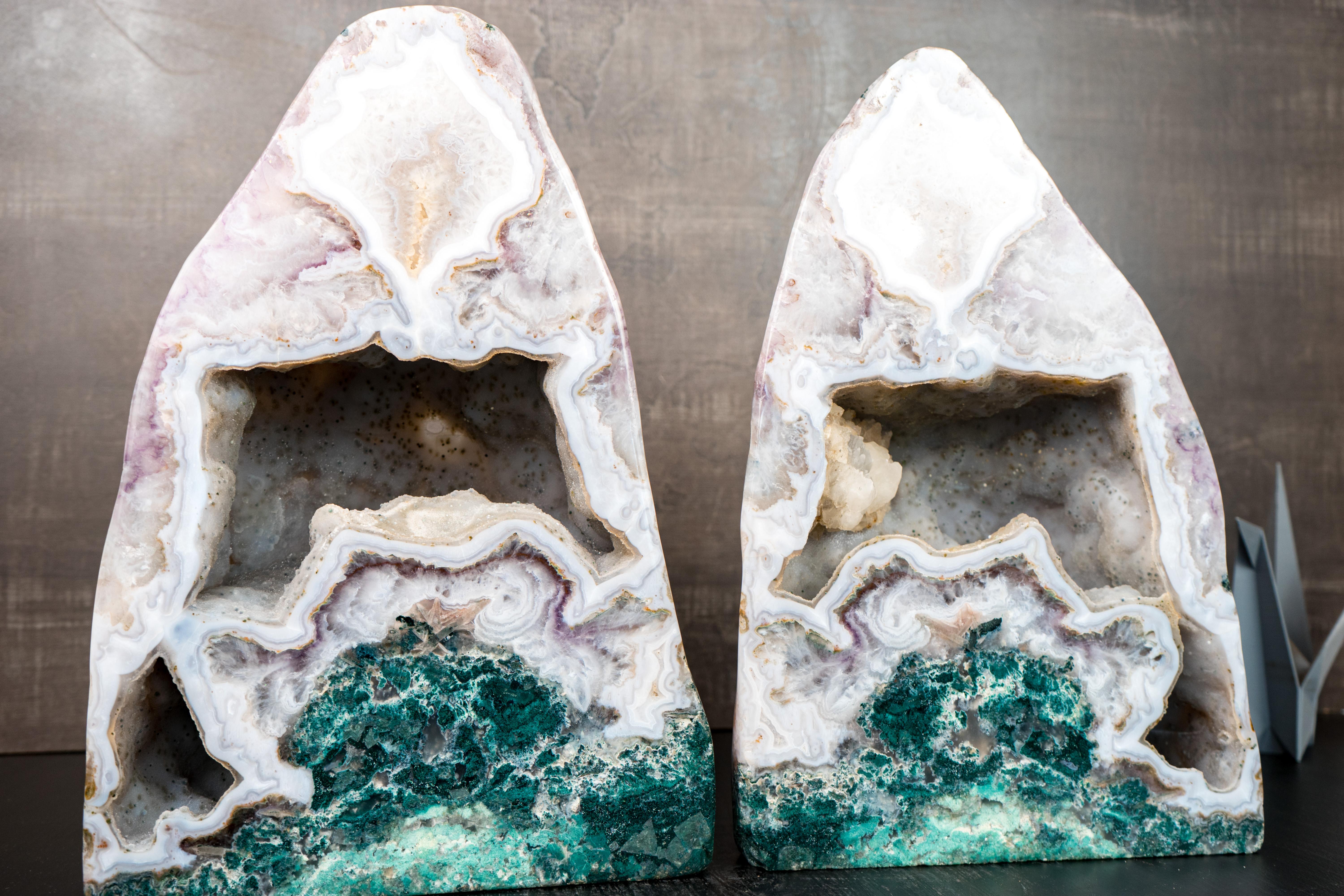 Rare Agate, Amethyst, and Jasper Geode Pair

If you're searching for truly rare geodes, this pair is an exceptional find. Together, they showcase a unique combination of features seldom seen in the same specimens—including caves lined with tiny