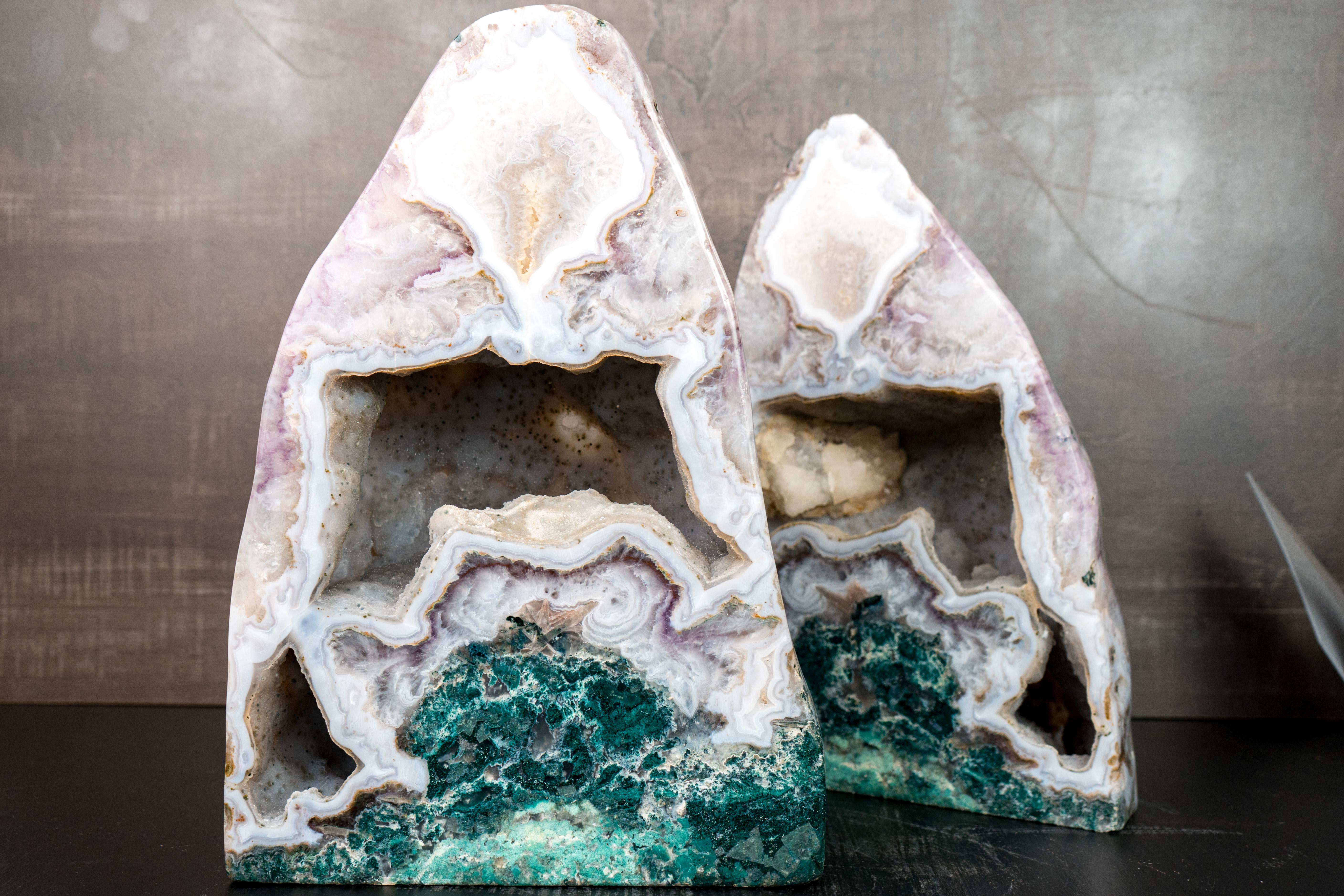 Pair of Rare White Agate Geodes with Crystal and Green Jasper For Sale 3