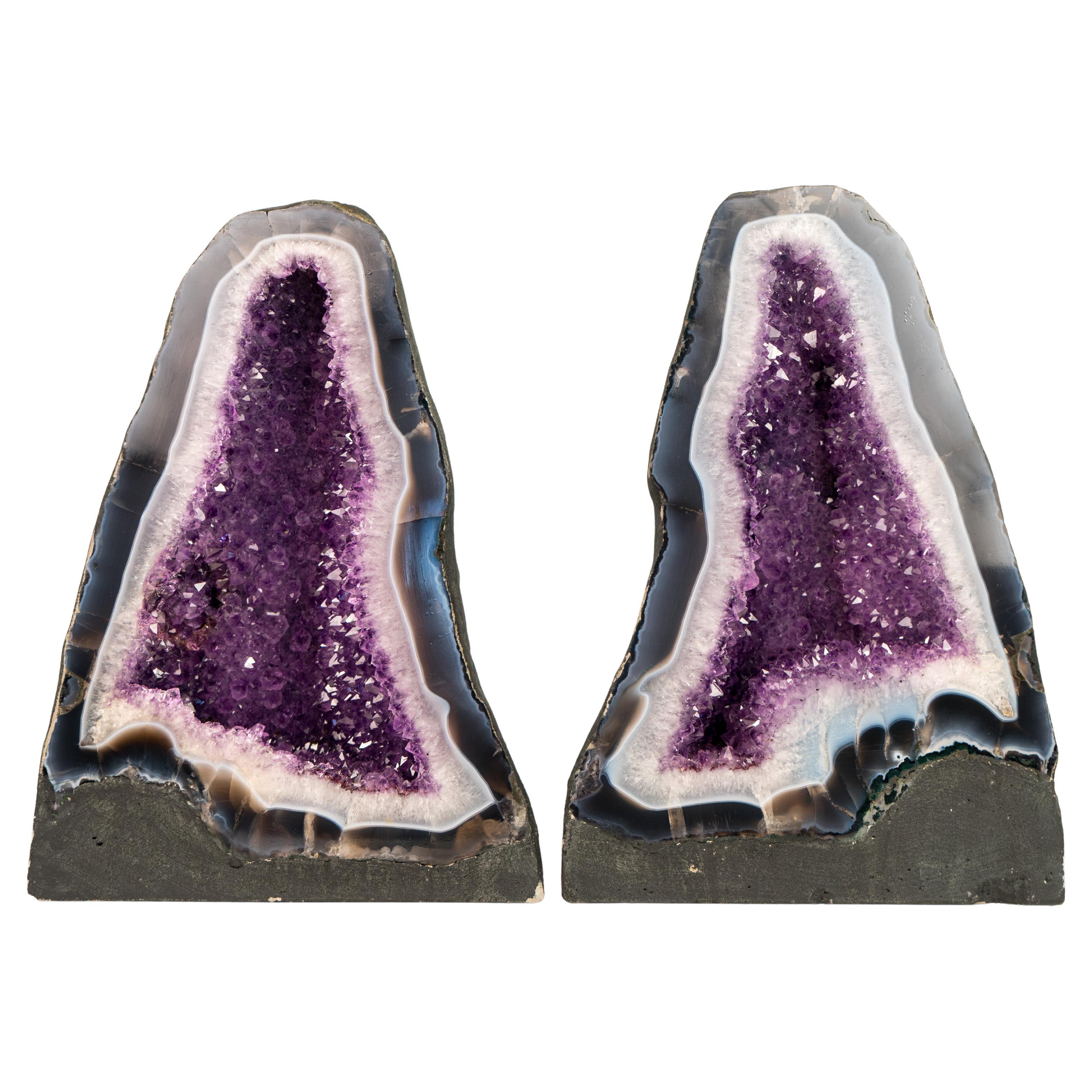 Rare Bookmatching Pair of Blue & White Lace Agate Geodes For Sale