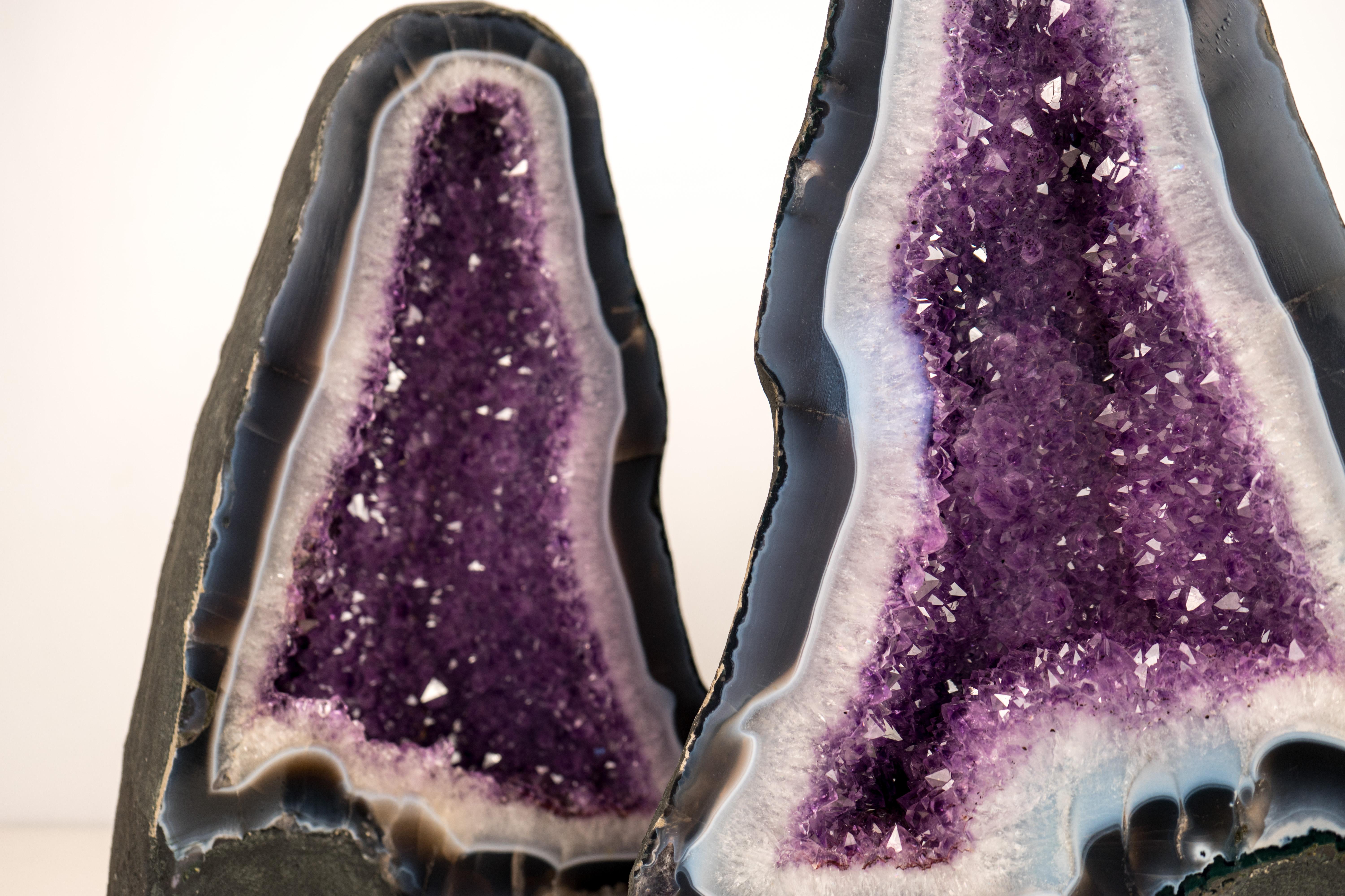 Brazilian Rare Bookmatching Pair of Blue & White Lace Agate Geodes For Sale