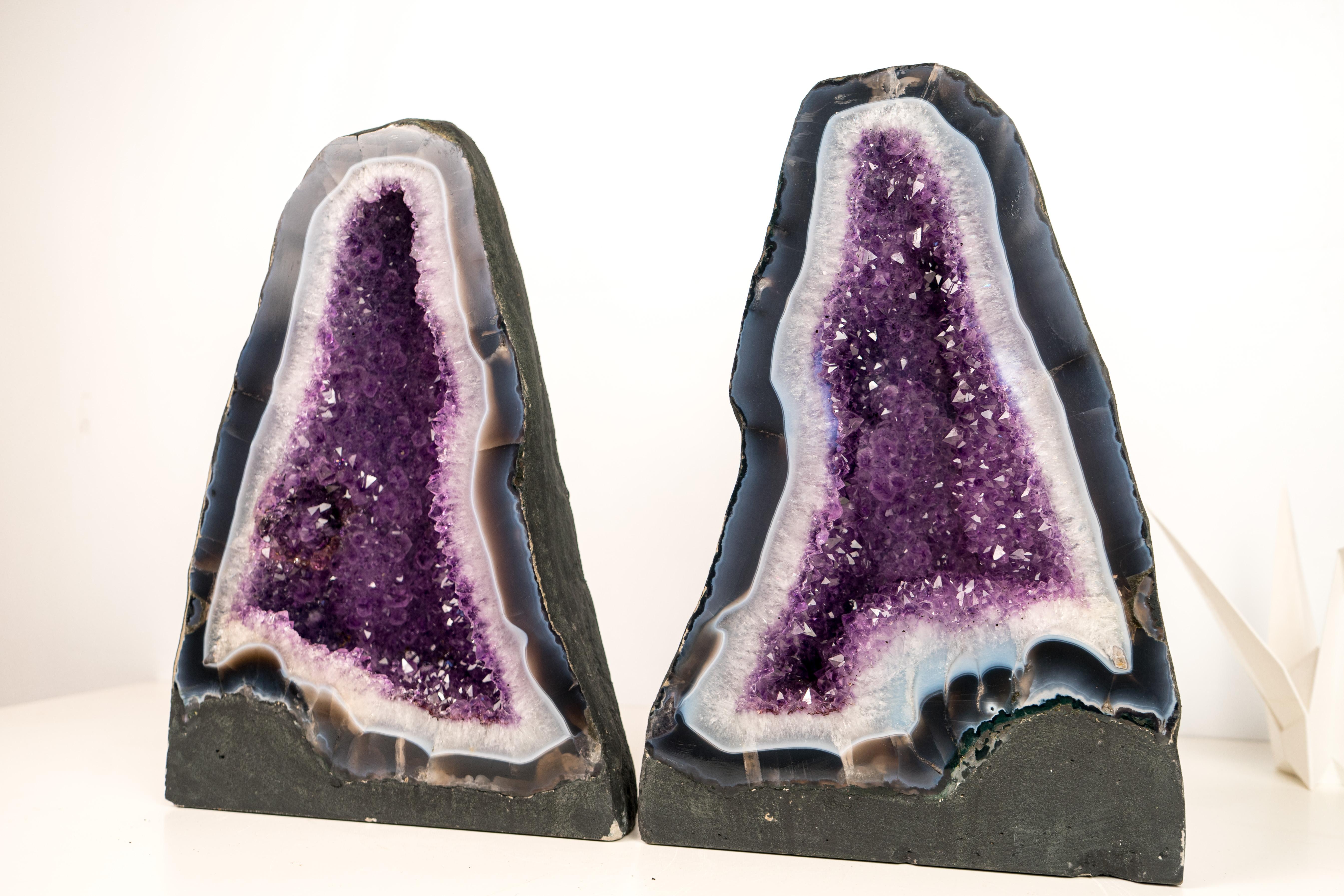 Crystal Rare Bookmatching Pair of Blue & White Lace Agate Geodes For Sale