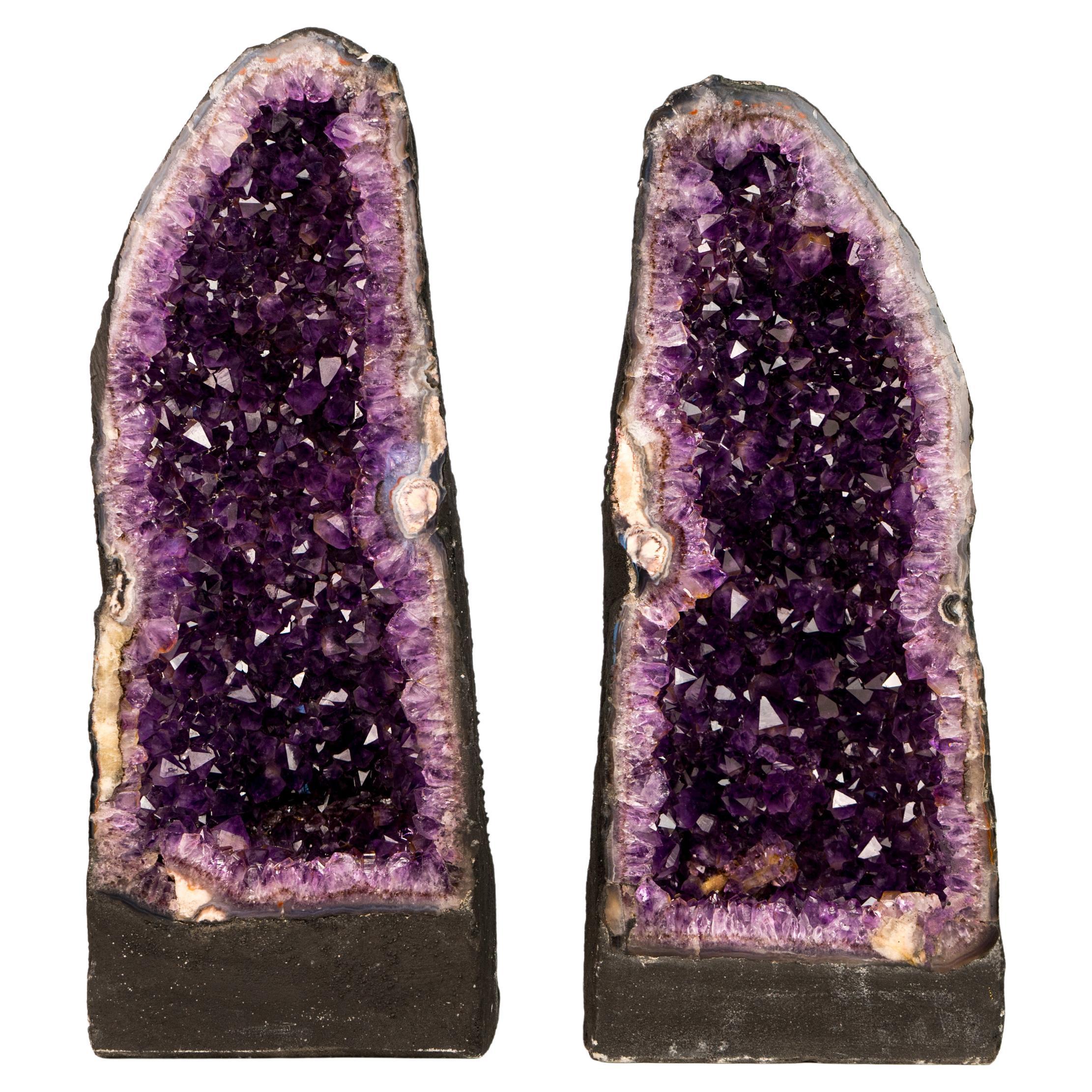 Pair of Stunning Amethyst Geode Cathedrals with Large Sparkly Deep Violet For Sale