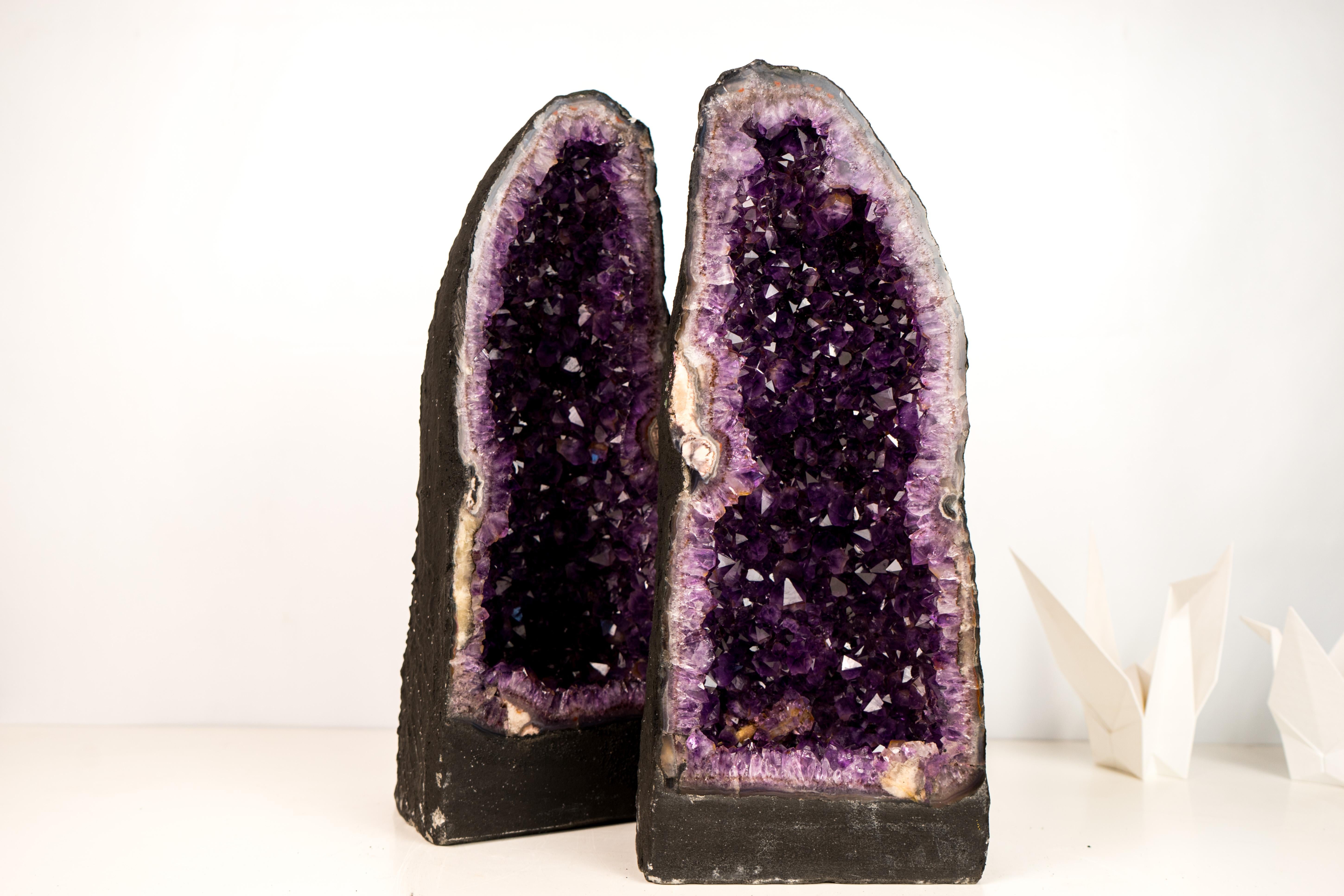 Pair of Stunning Amethyst Geode Cathedrals with Large Sparkly Deep Violet For Sale 1