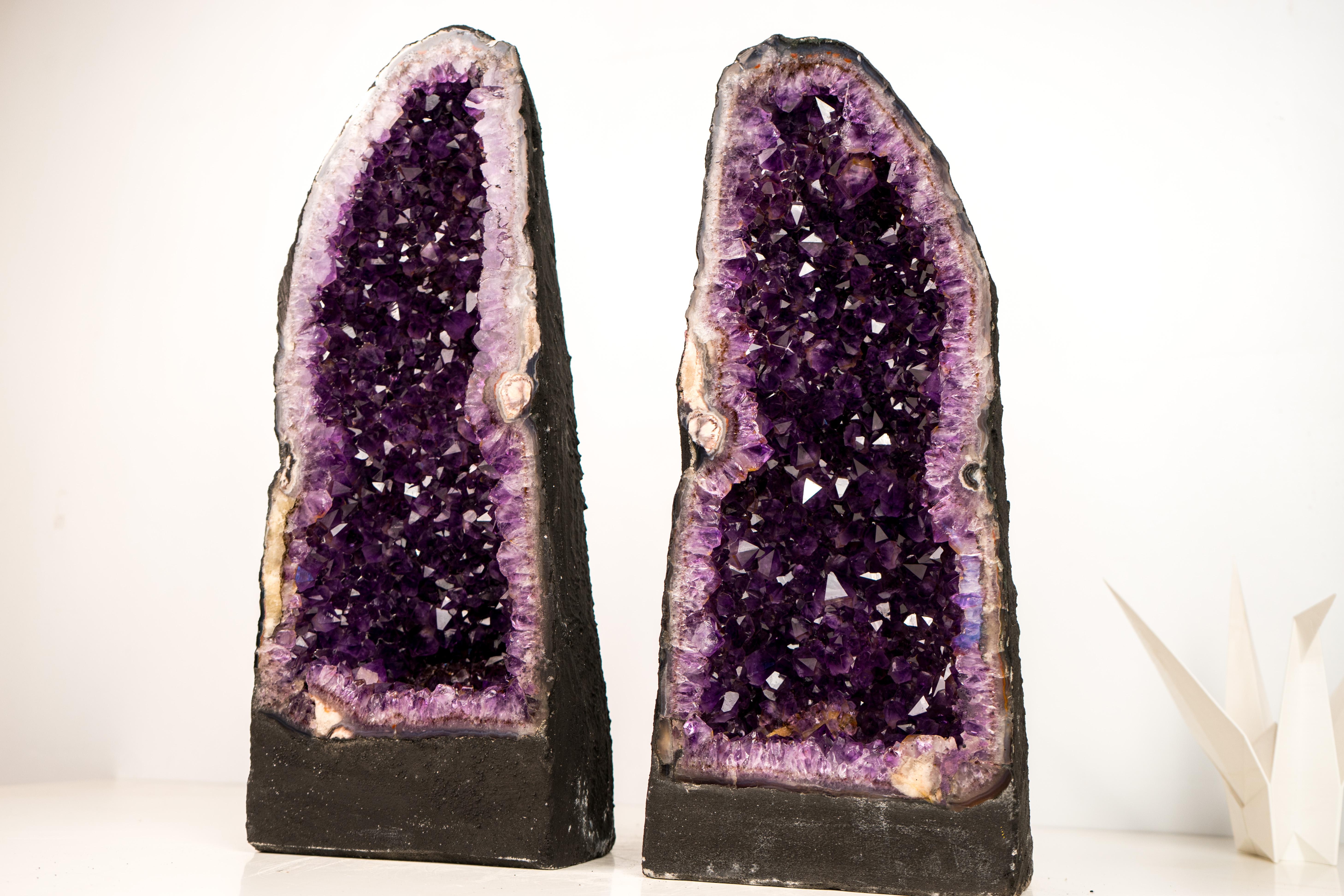 Gorgeous Pair of Amethyst Cathedral Geodes with Large, Deep Violet-Purple Crystals

▫️ Description

Superb in beauty, aesthetics, color, and rarity, this bookmatched pair of amethyst geodes displays many special characteristics. With their elegant