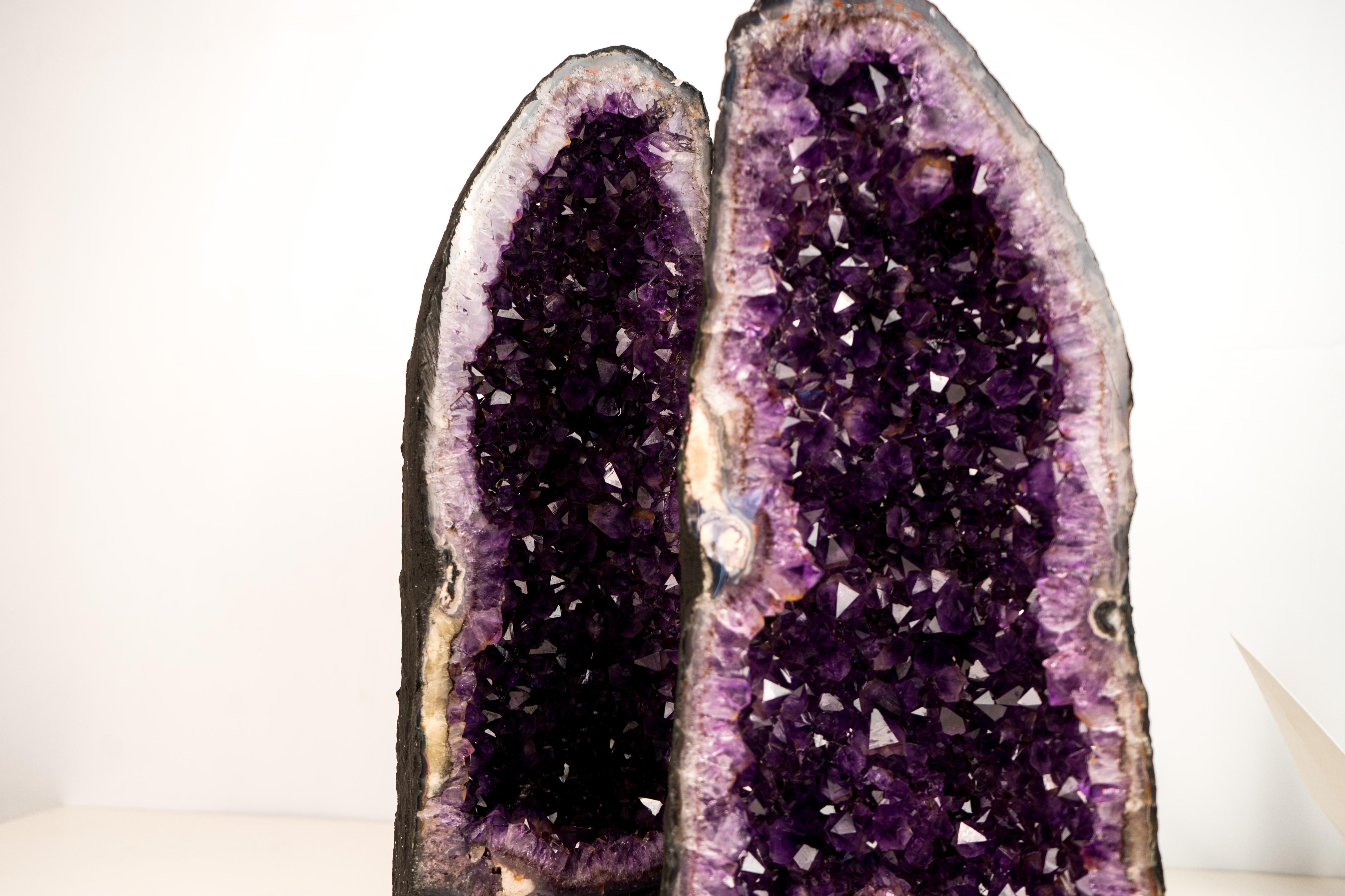 Crystal Pair of Stunning Amethyst Geode Cathedrals with Large Sparkly Deep Violet For Sale