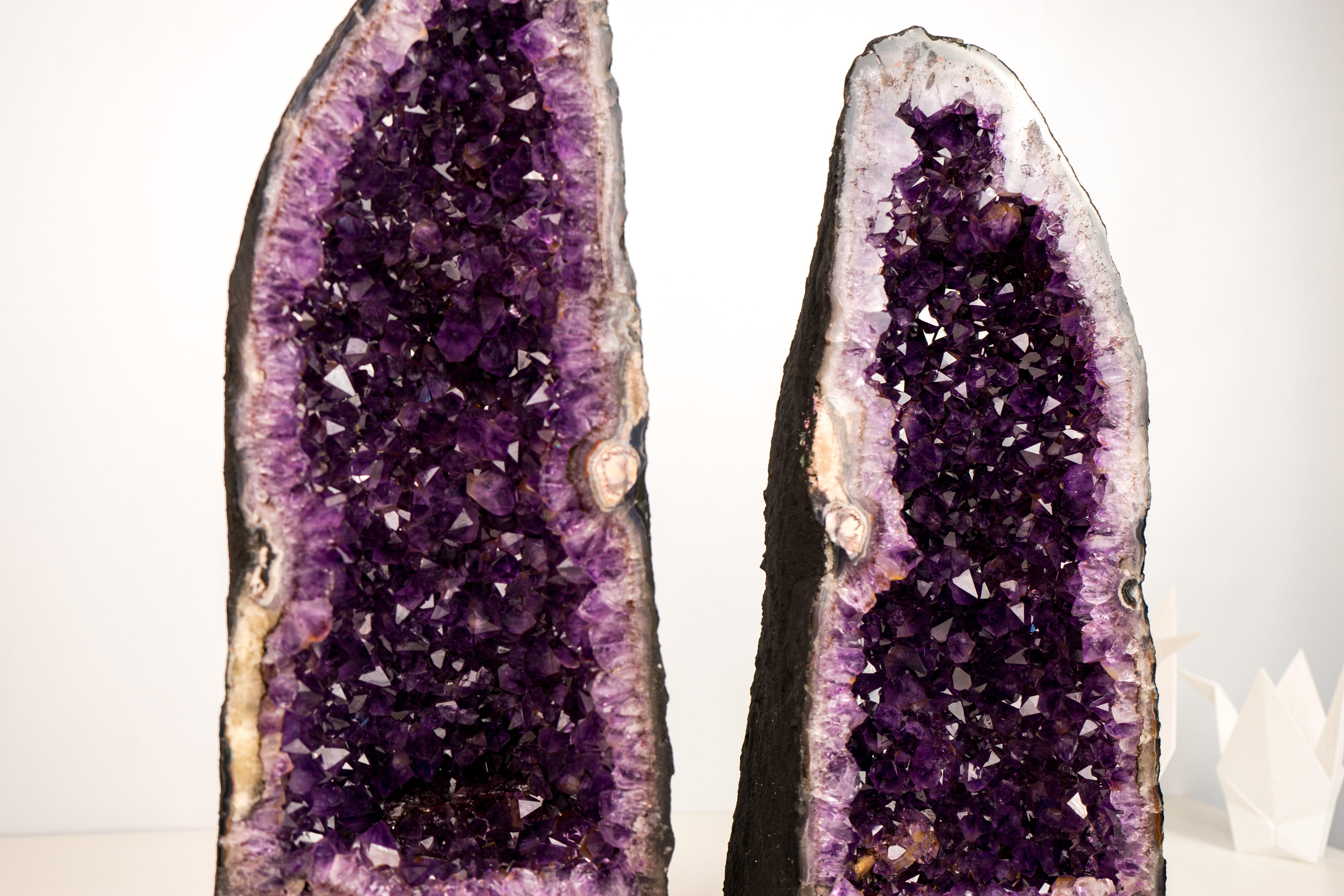Brazilian Pair of Stunning Amethyst Geode Cathedrals with Large Sparkly Deep Violet For Sale