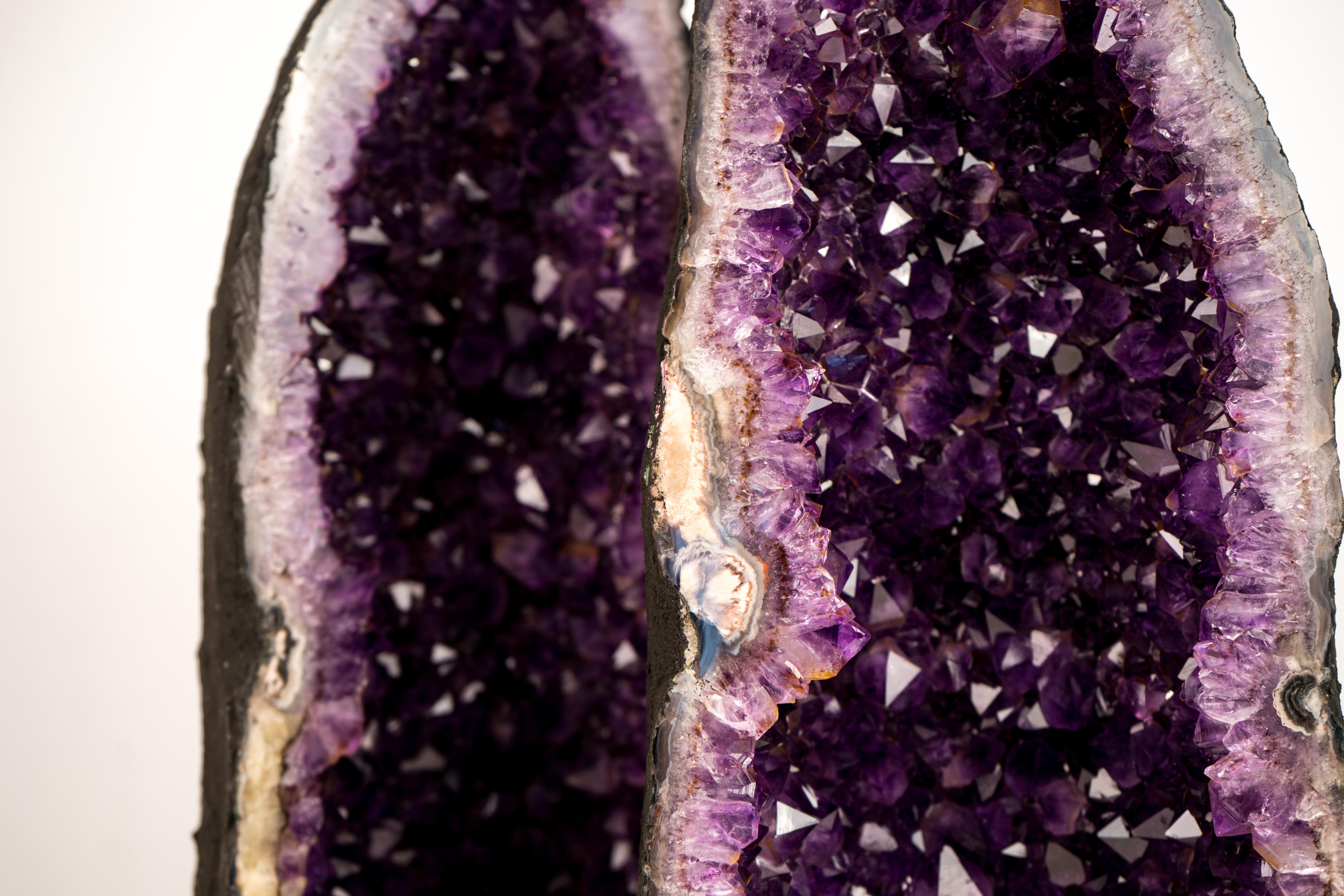 Contemporary Pair of Stunning Amethyst Geode Cathedrals with Large Sparkly Deep Violet For Sale