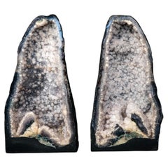 Rare Pair of Agate Geodes with Snowball Botryoidal Quartz & Sparkling Druzy