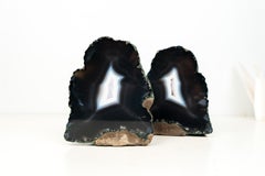 Rare Pair of Natural Black Lace Agate Geodes with White Agate Centers