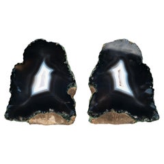 Rare Pair of Natural Black Lace Agate Geodes with White Agate Centers