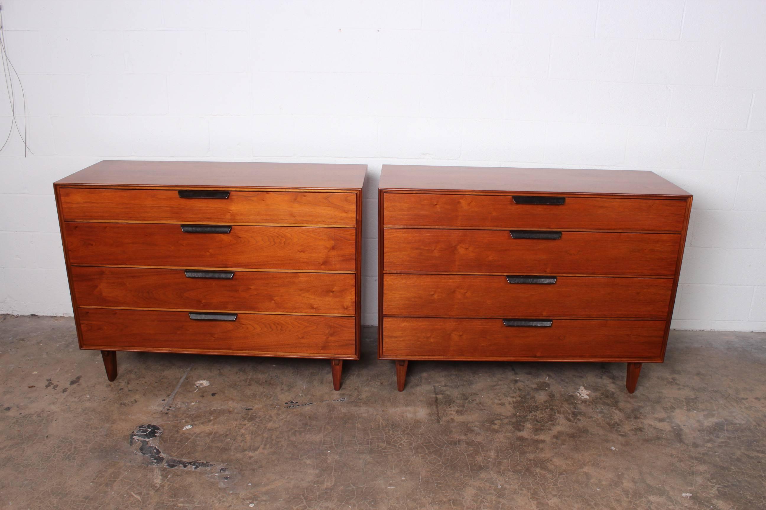 Pair of Dressers with Leather Handles by Edward Wormley for Dunbar In Excellent Condition In Dallas, TX