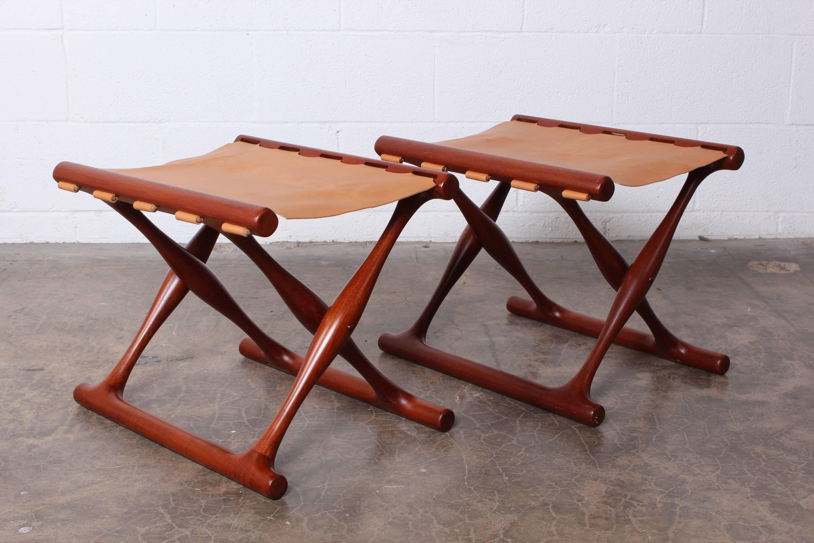 Pair of Teak and Leather Folding Stools by Poul Hundevad 1