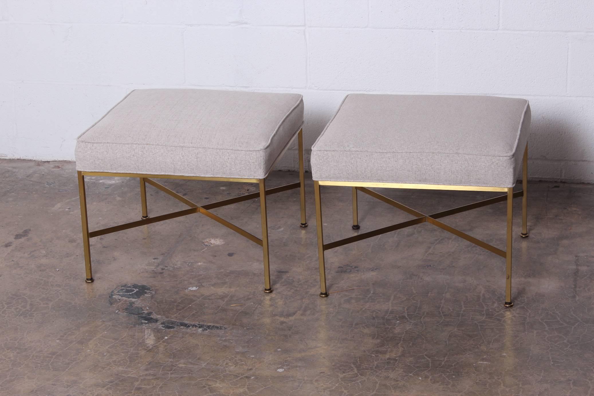 Mid-20th Century Pair of Brass X-Base Stools by Paul McCobb
