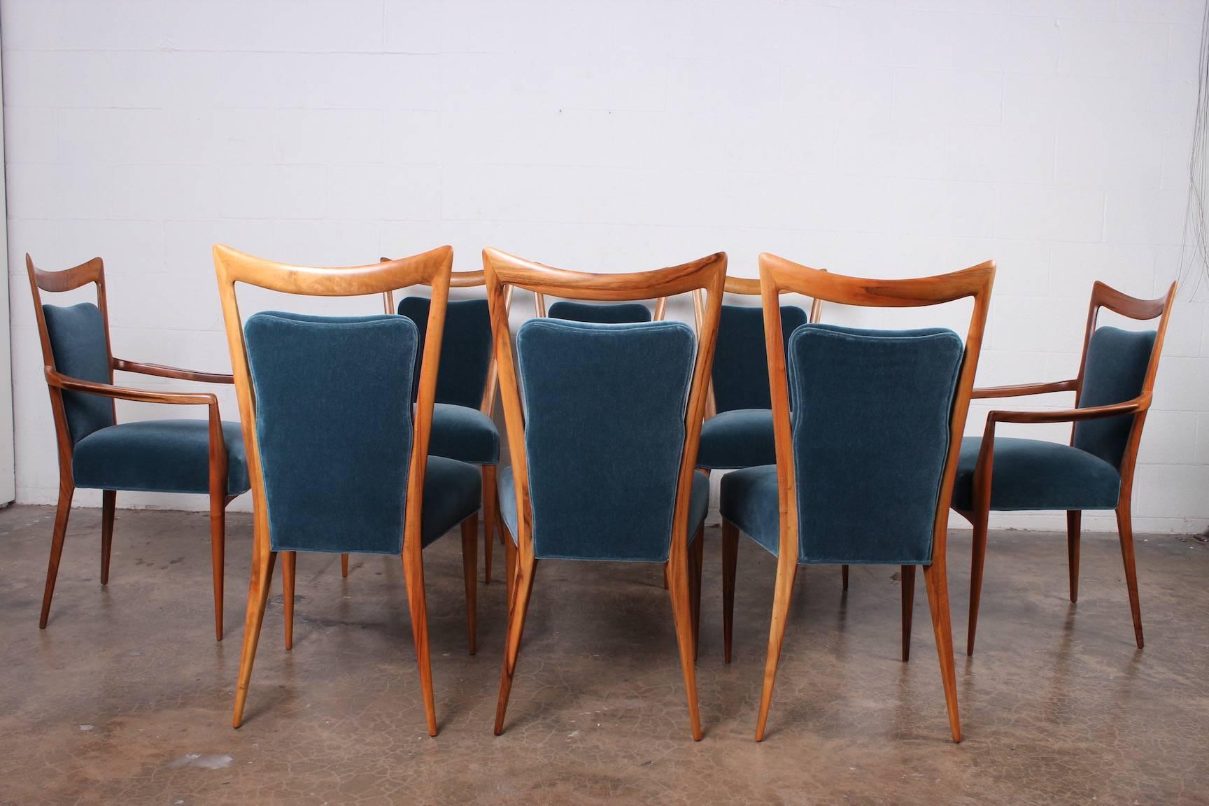 A set of eight sculptural dining chairs with mohair upholstery. Designed by Melchiorre Bega.