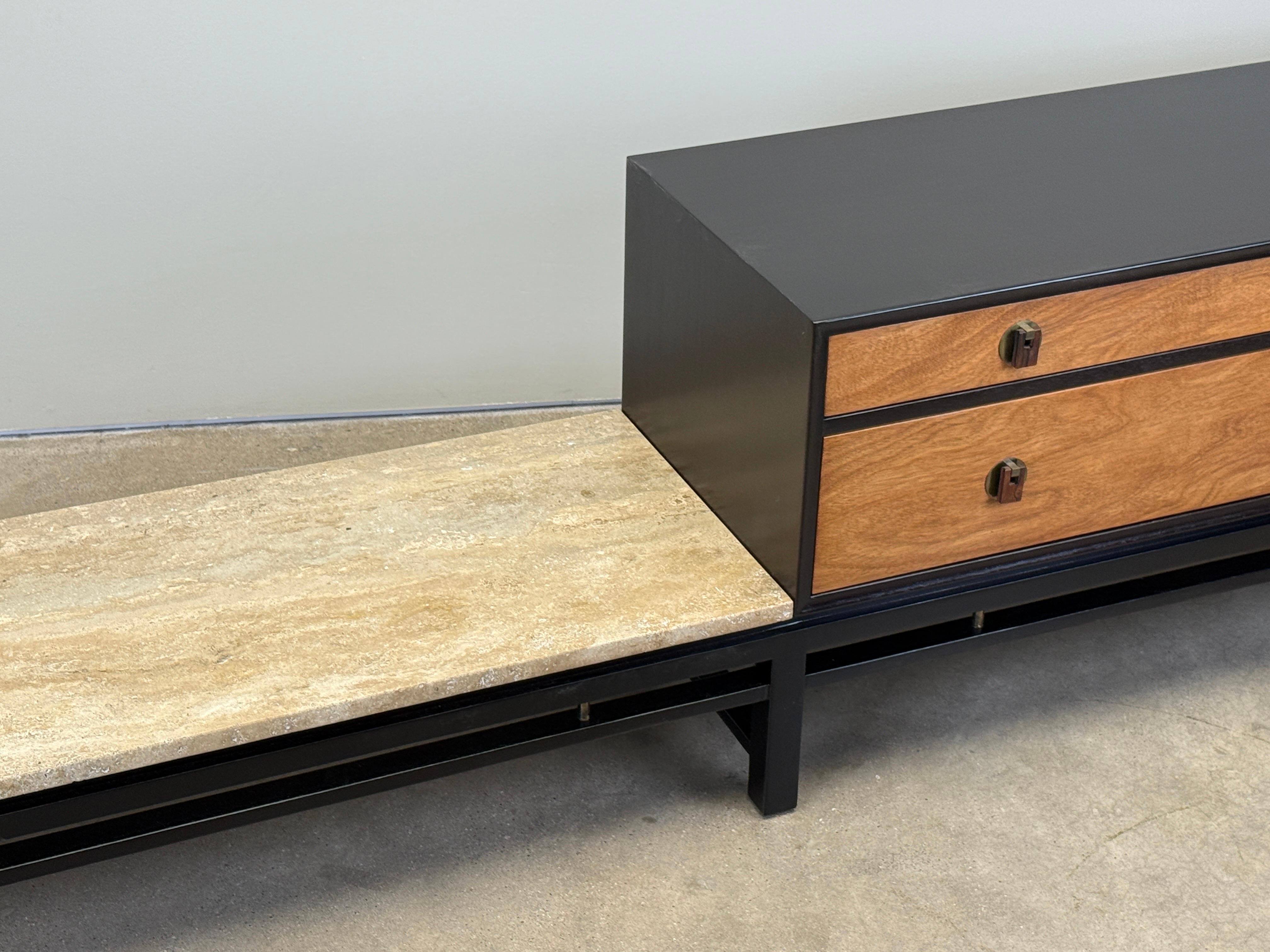 Mahogany Edward Wormley for Dunbar Cabinet with Travertine Table For Sale