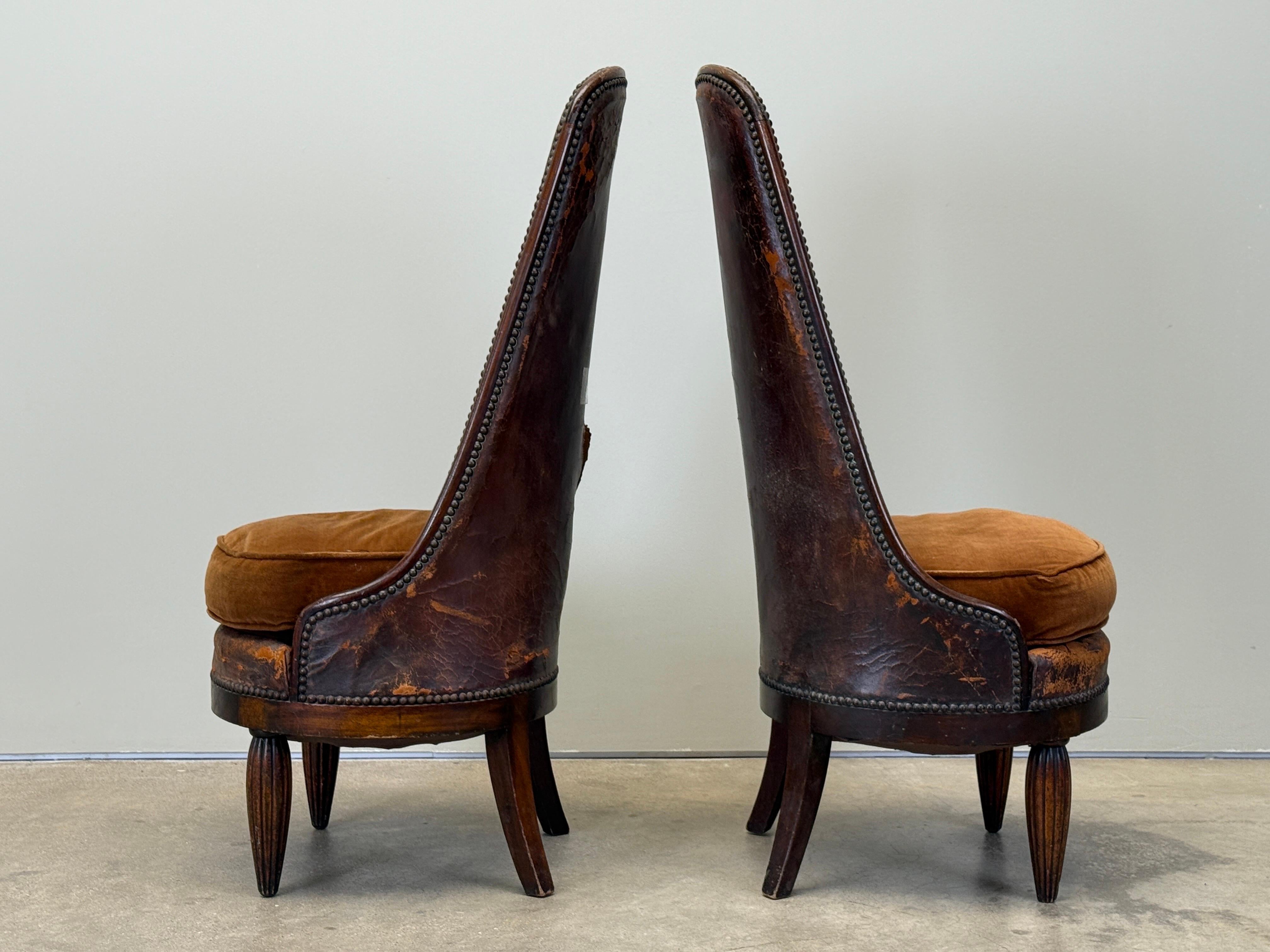 Pair of High Back Chairs by Maurice Dufrêne, 1930's In Distressed Condition For Sale In Dallas, TX