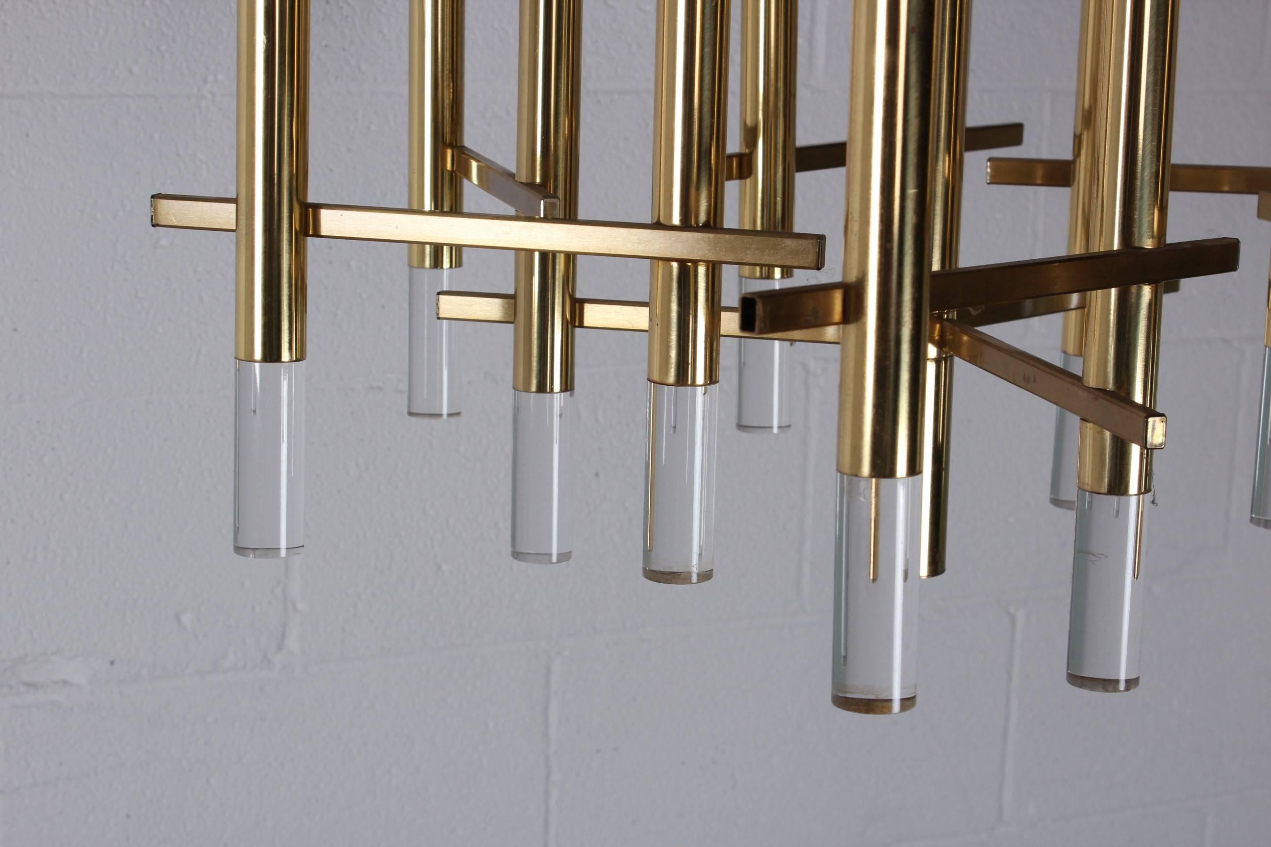 Brass and Lucite Chandelier by Gaetano Sciolari In Good Condition In Dallas, TX