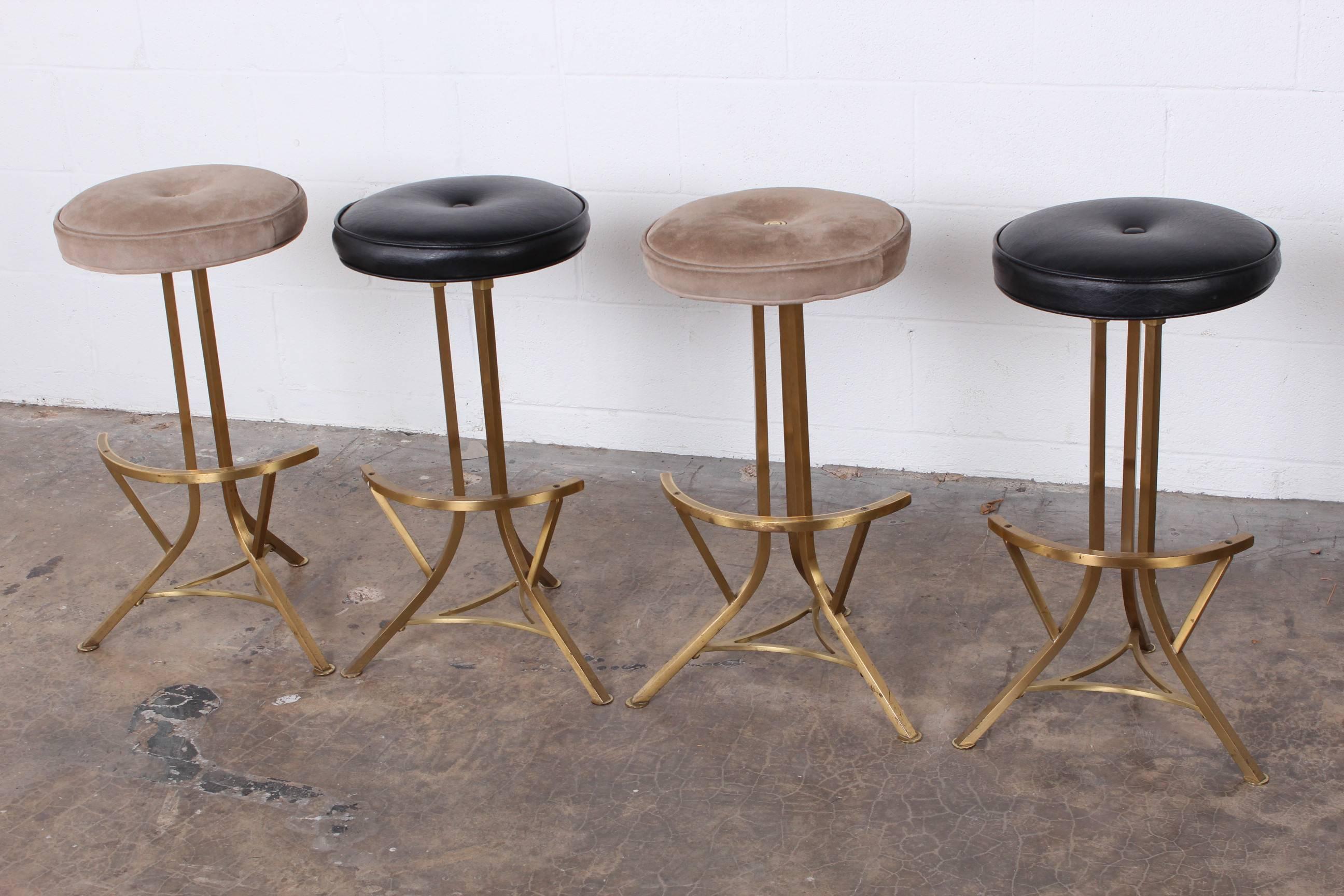 Mid-20th Century Set of Four Brass Barstools by John Stewart