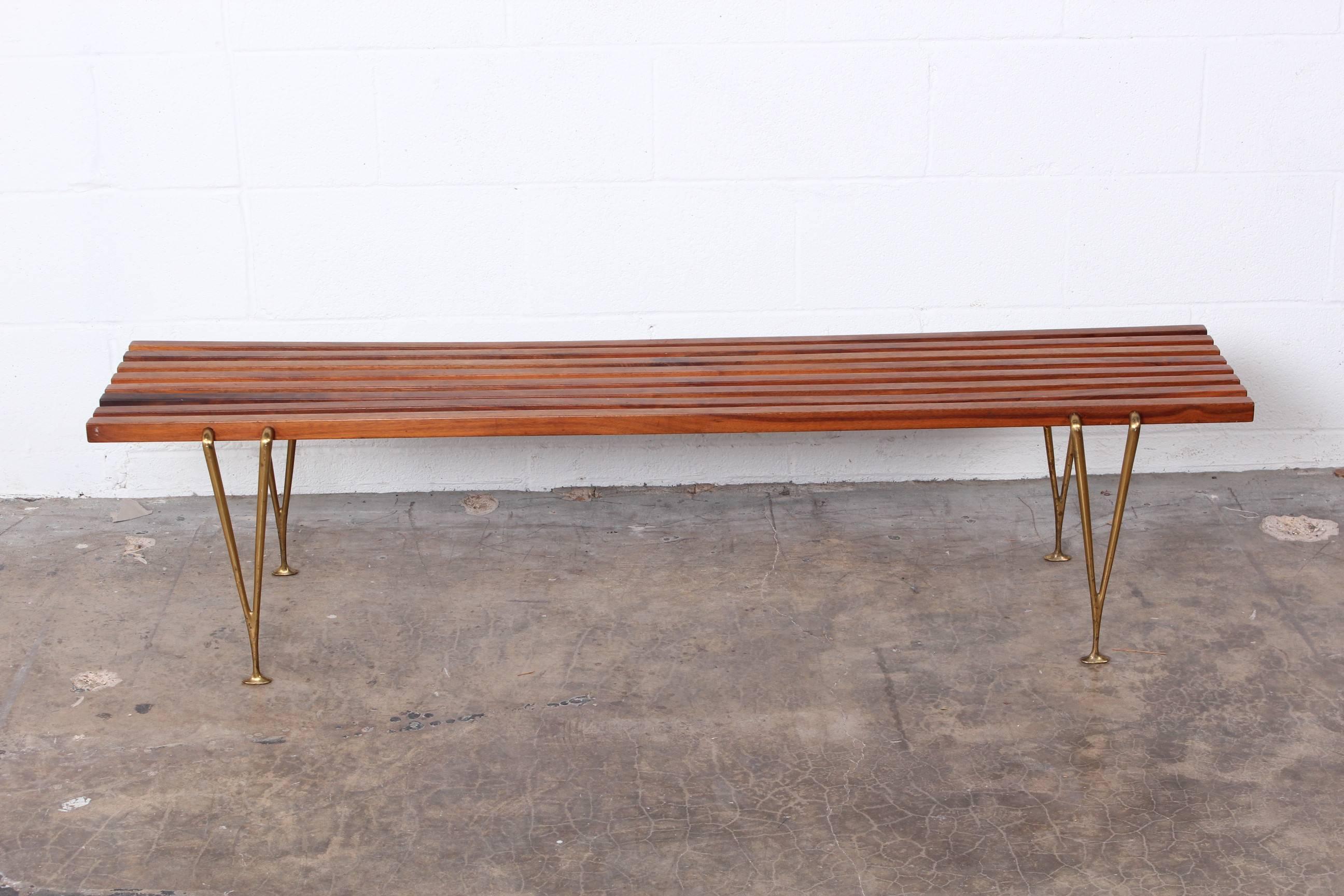 Walnut and Brass Bench by Hugh Acton In Good Condition In Dallas, TX