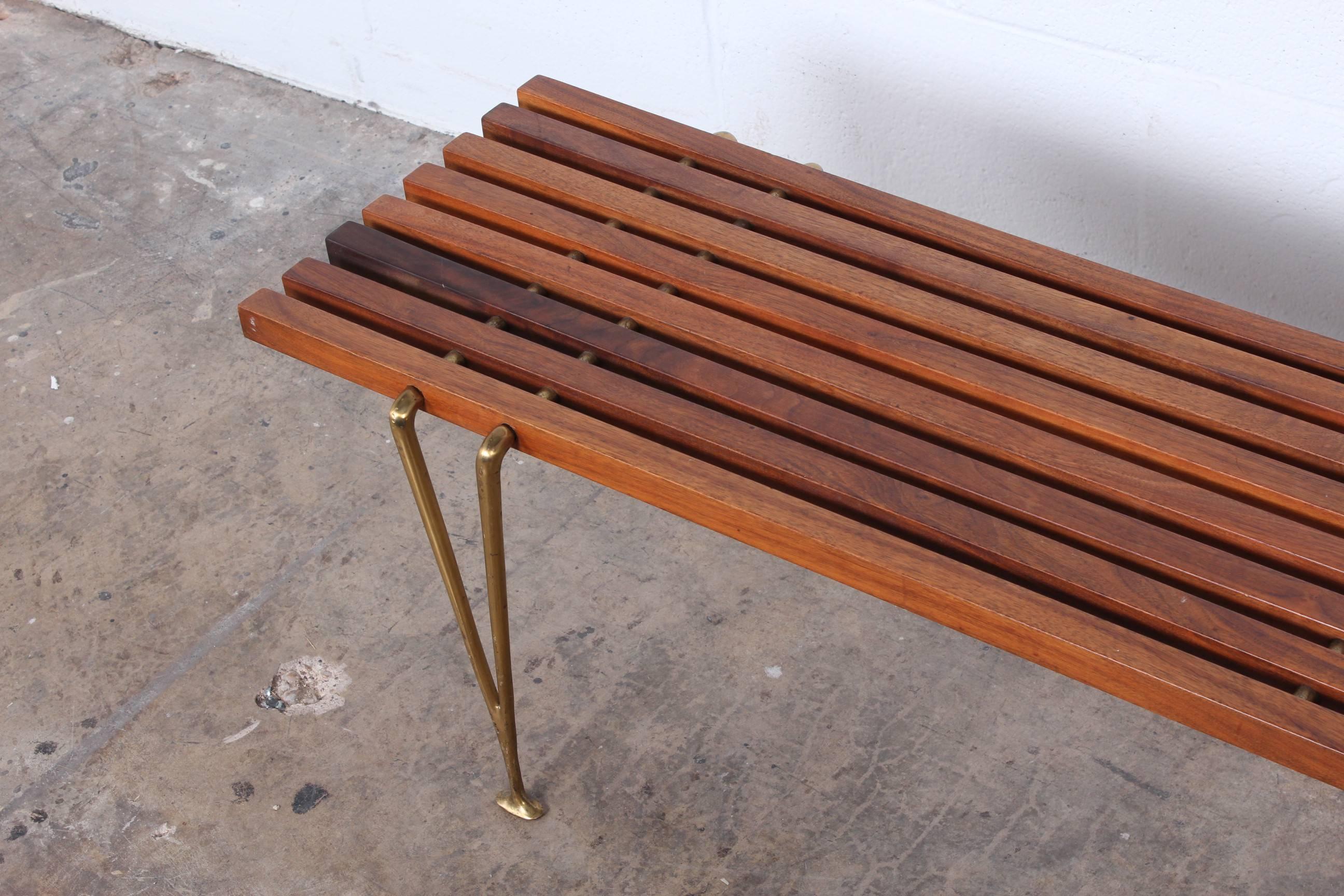 Mid-20th Century Walnut and Brass Bench by Hugh Acton