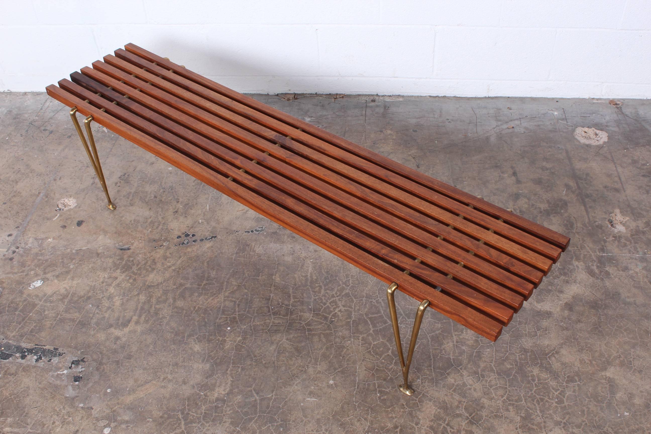 Walnut and Brass Bench by Hugh Acton 1