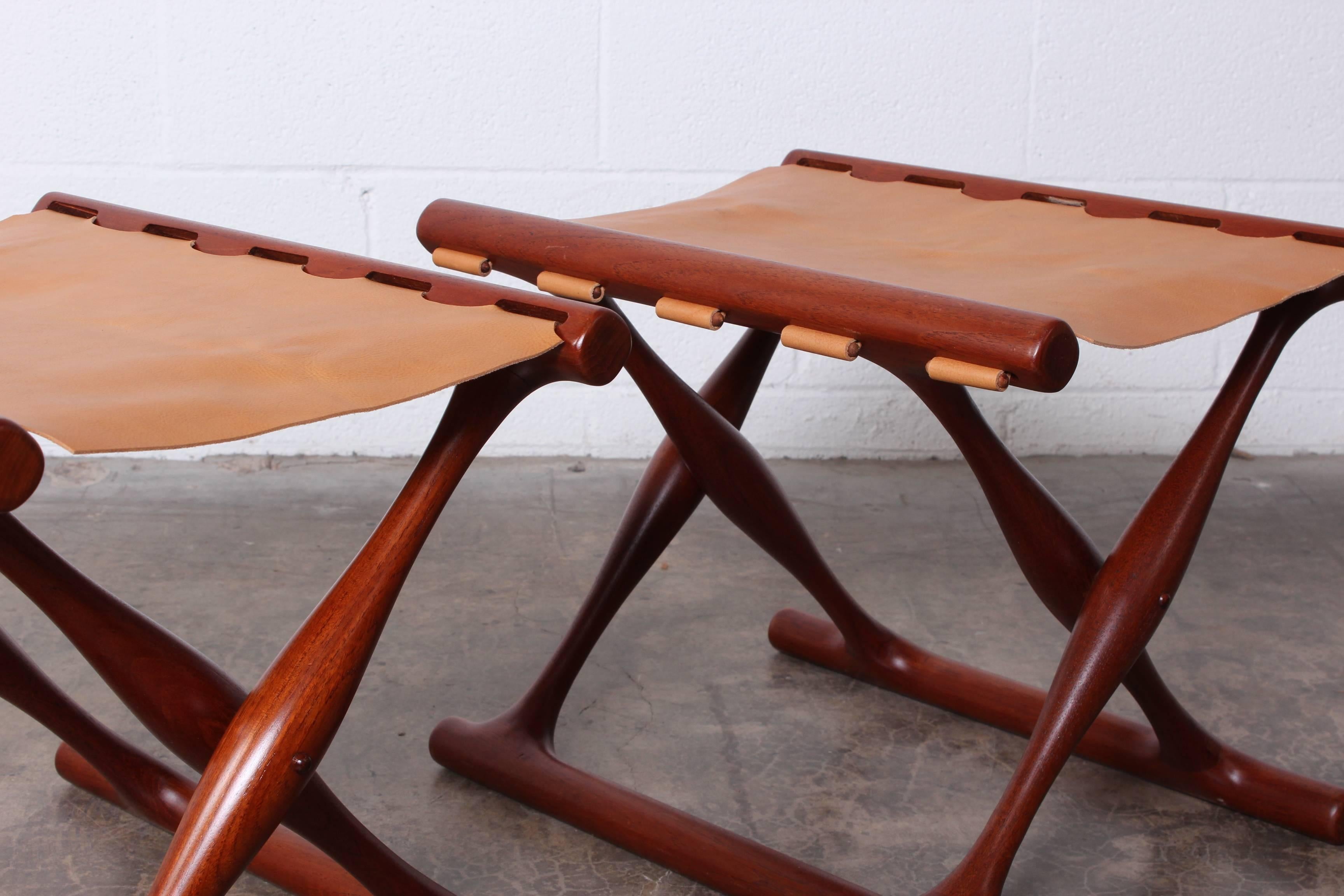 Pair of Teak and Leather Folding Stools by Poul Hundevad 2
