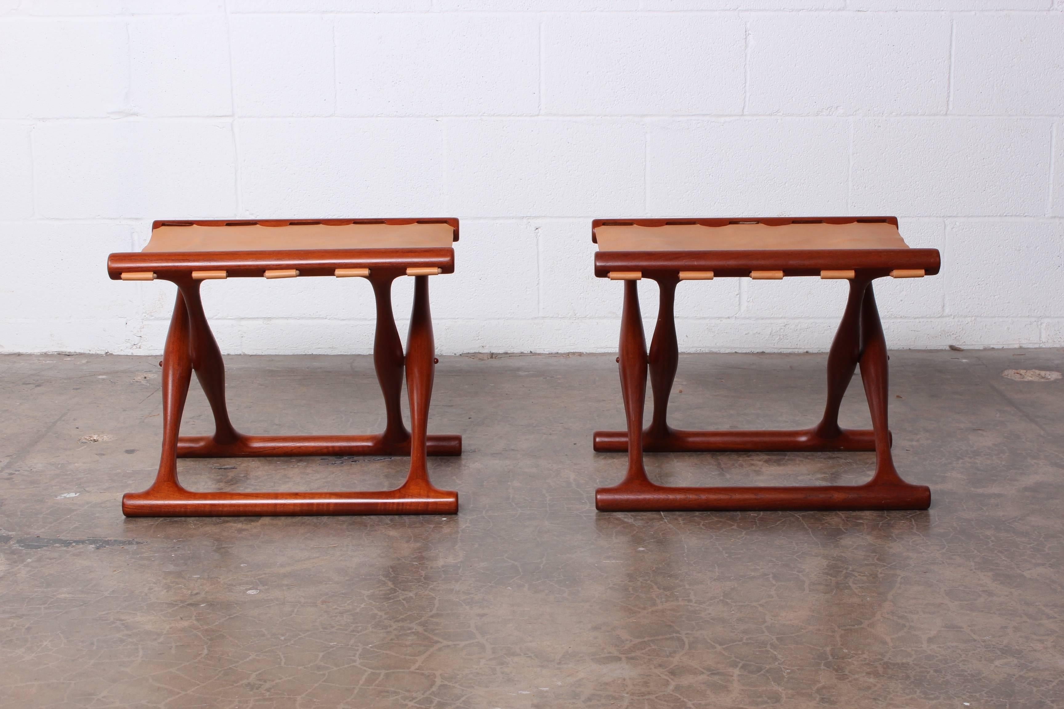 Pair of Teak and Leather Folding Stools by Poul Hundevad 3