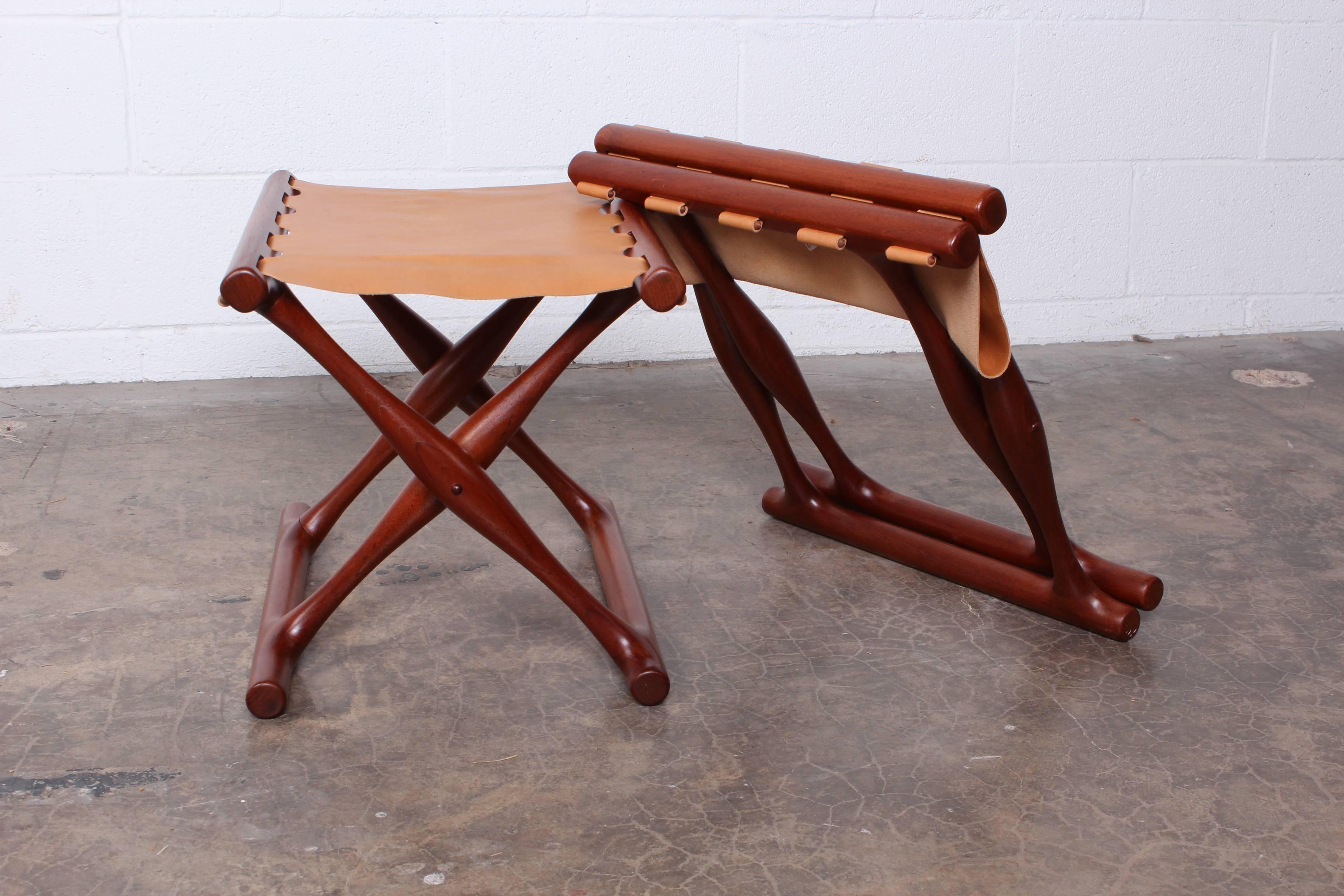 Pair of Teak and Leather Folding Stools by Poul Hundevad 4