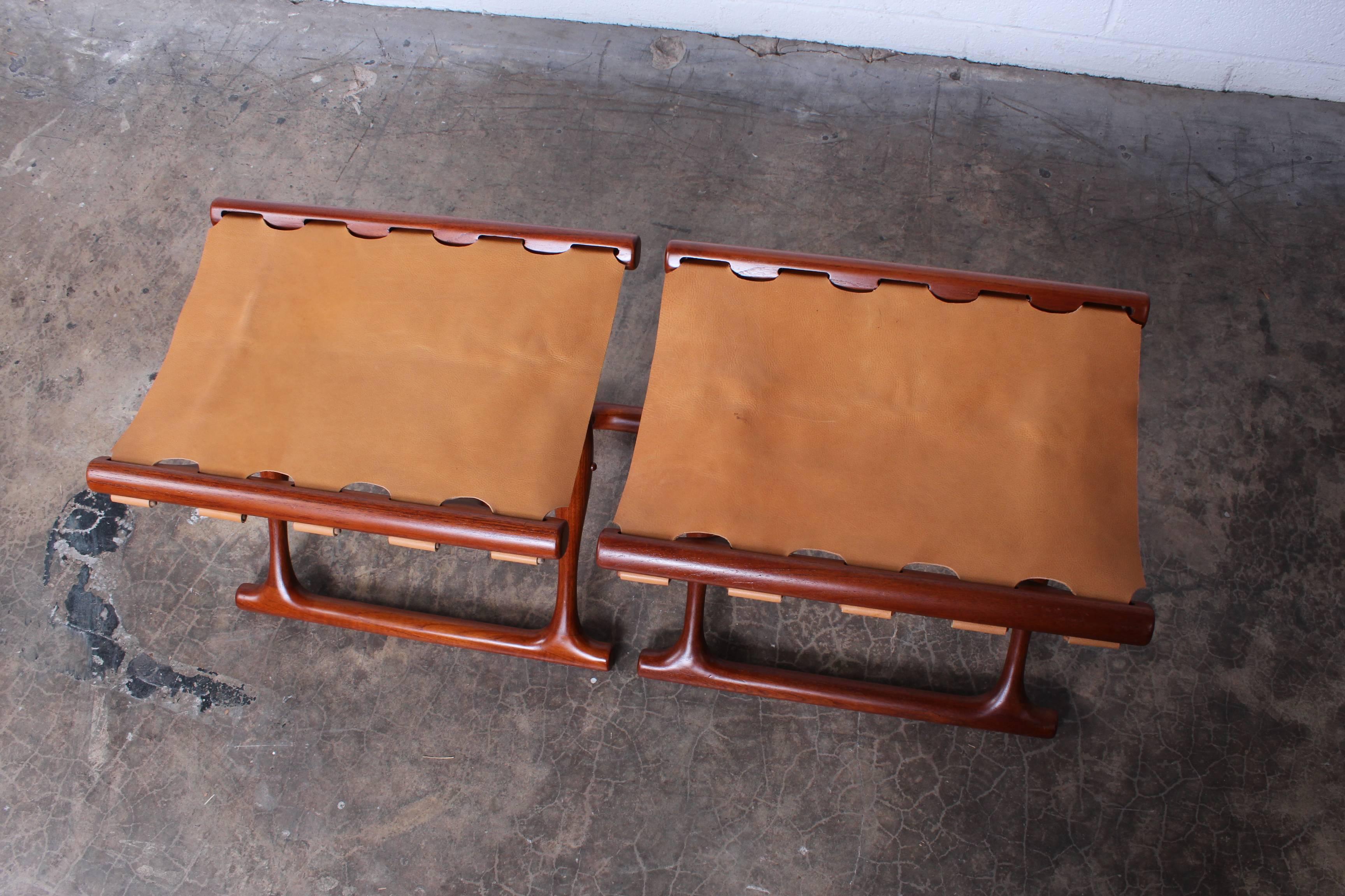 Pair of Teak and Leather Folding Stools by Poul Hundevad 6